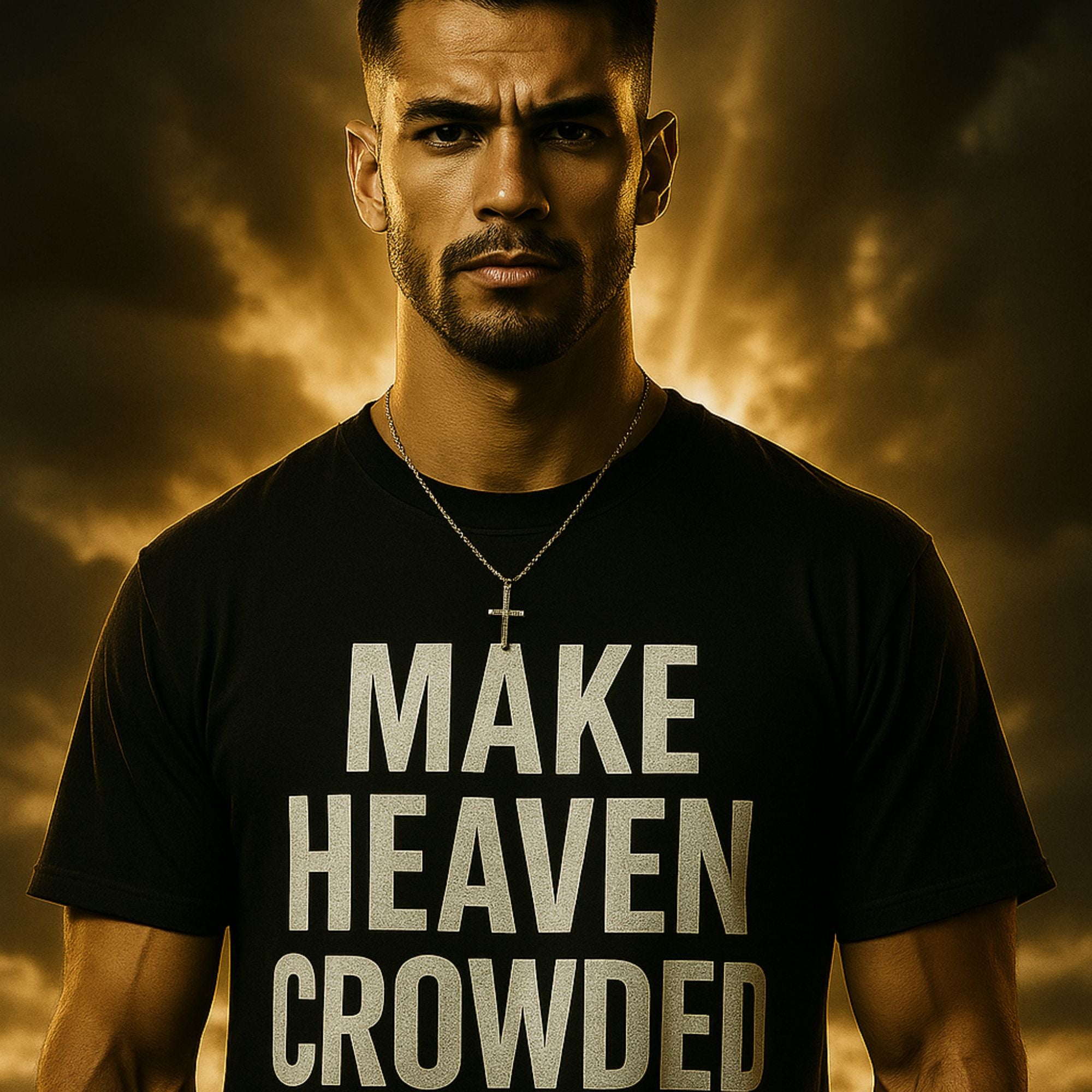 Man wearing a black t-shirt with 'MAKE HEAVEN CROWDED' text against a dramatic sky.