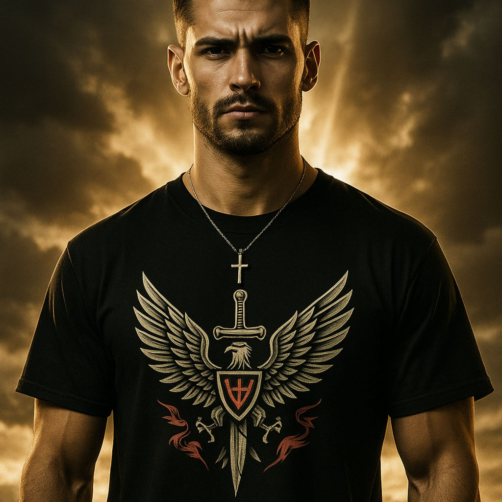 Man wearing a black t-shirt with a sword and wings design against a dramatic sky.