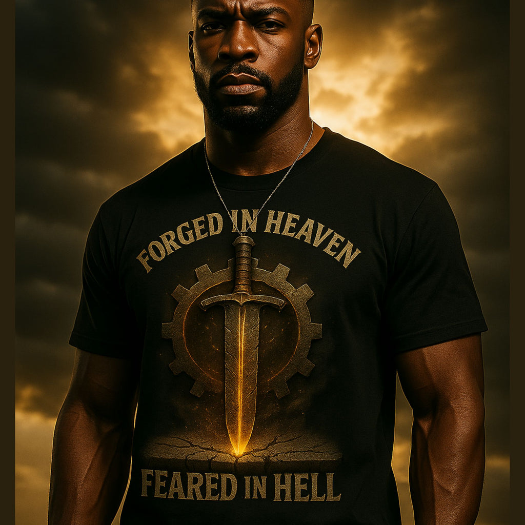 Man wearing a black t-shirt with 'Forged in Heaven, Feared in Hell' design against a dramatic sky.