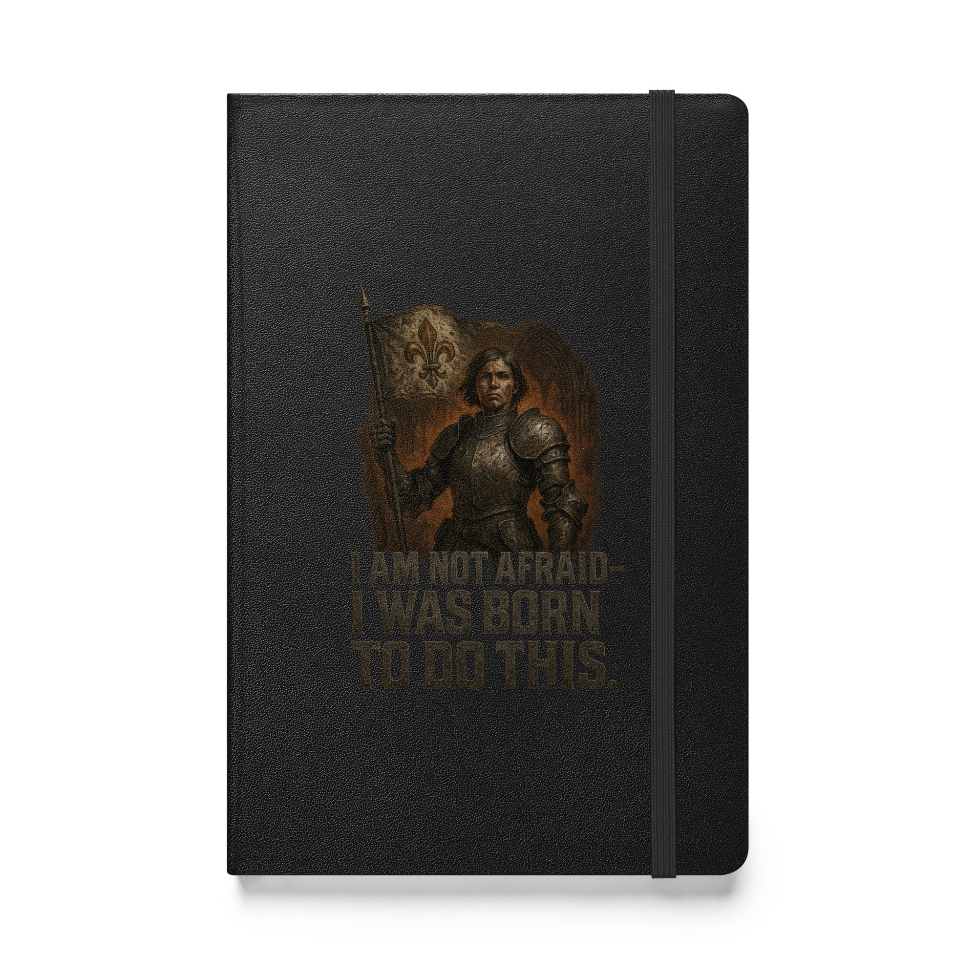 Black hardcover prayer journal featuring Joan of Arc in armor holding a banner, with the words “I Am Not Afraid – I Was Born To Do This.”