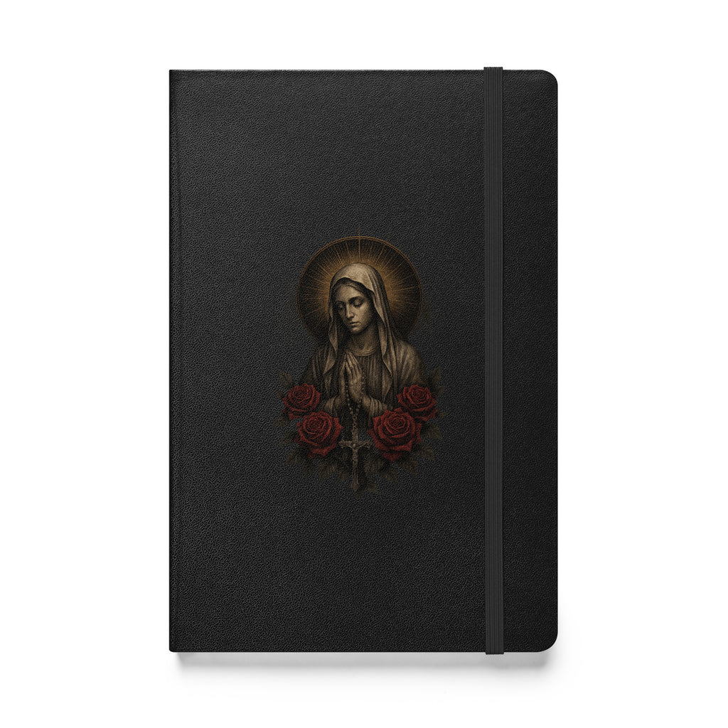 Hardcover Catholic prayer journal featuring Our Lady of Sorrows with roses and radiant halo design.