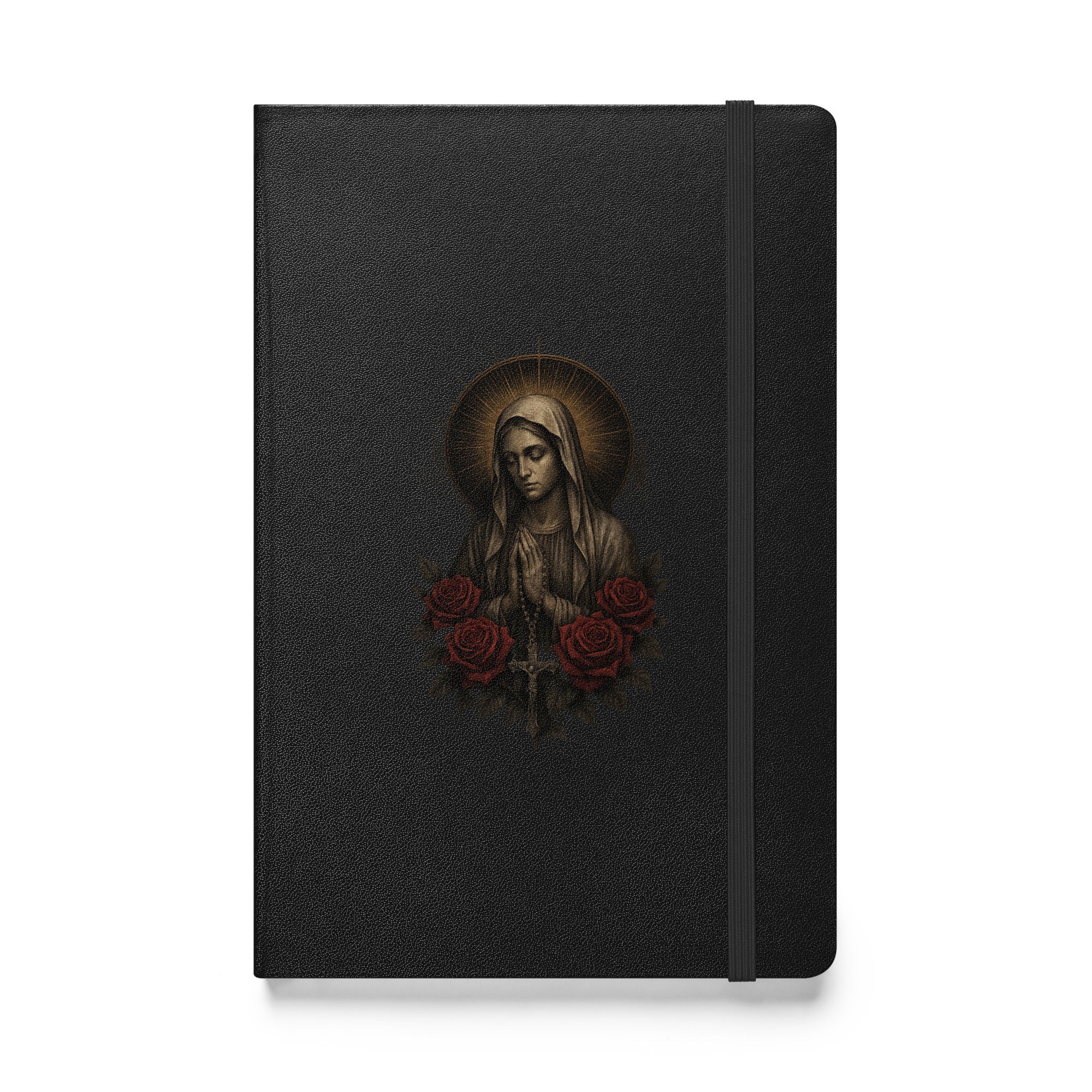 Hardcover Catholic prayer journal featuring Our Lady of Sorrows with roses and radiant halo design.