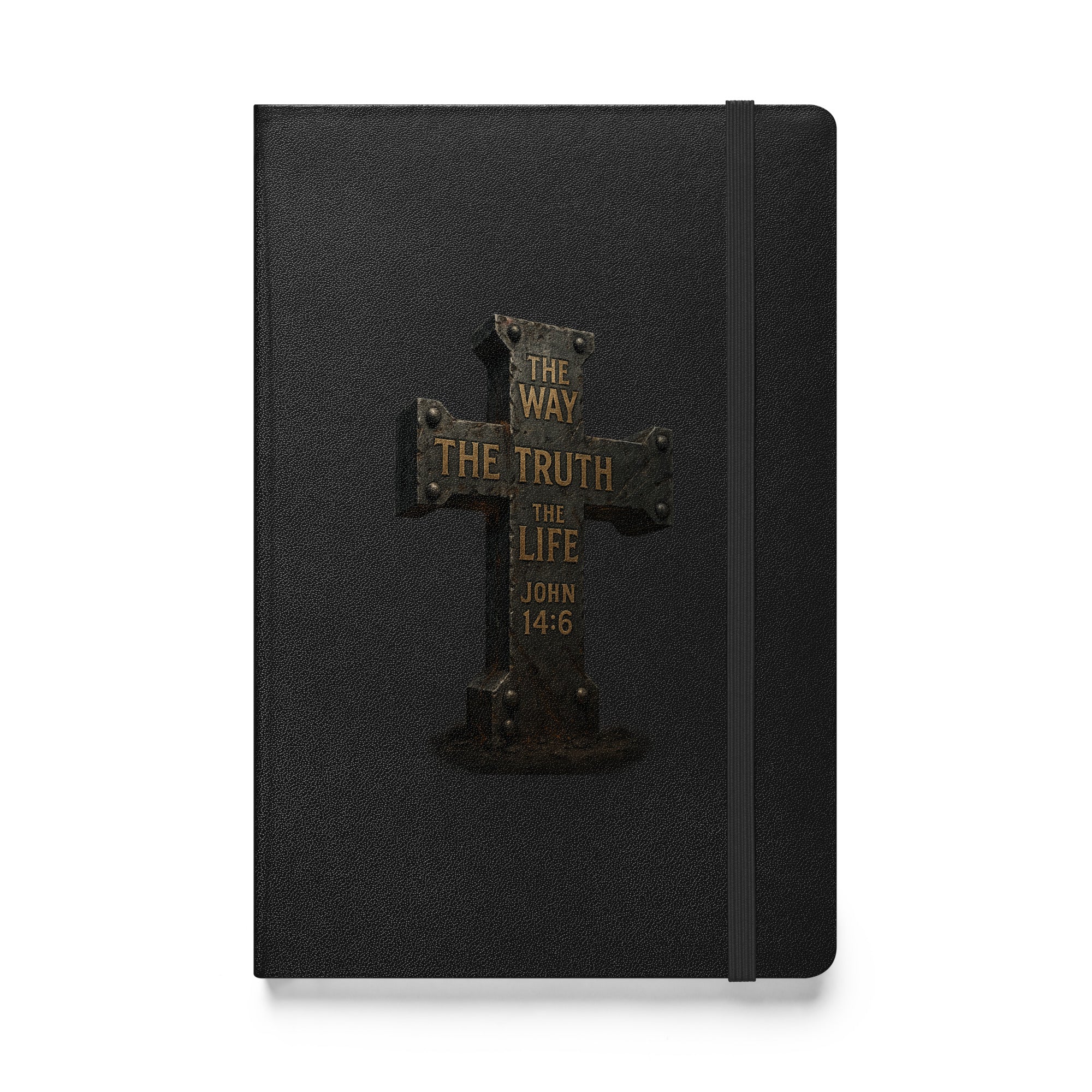Hardcover black prayer journal with riveted cross design and John 14:6 scripture, “The Way, The Truth, The Life.”