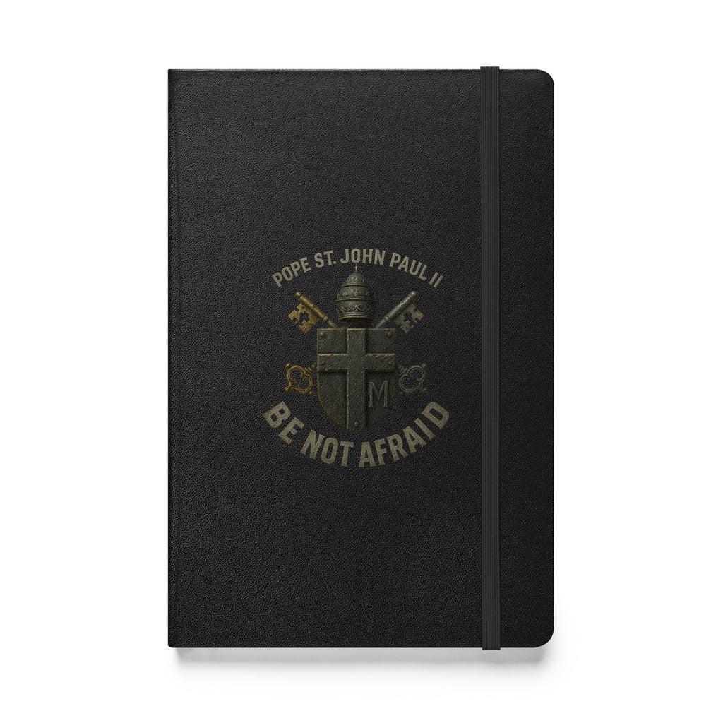 Hardcover bound black prayer journal featuring Pope St. John Paul II papal crest and “Be Not Afraid” text.