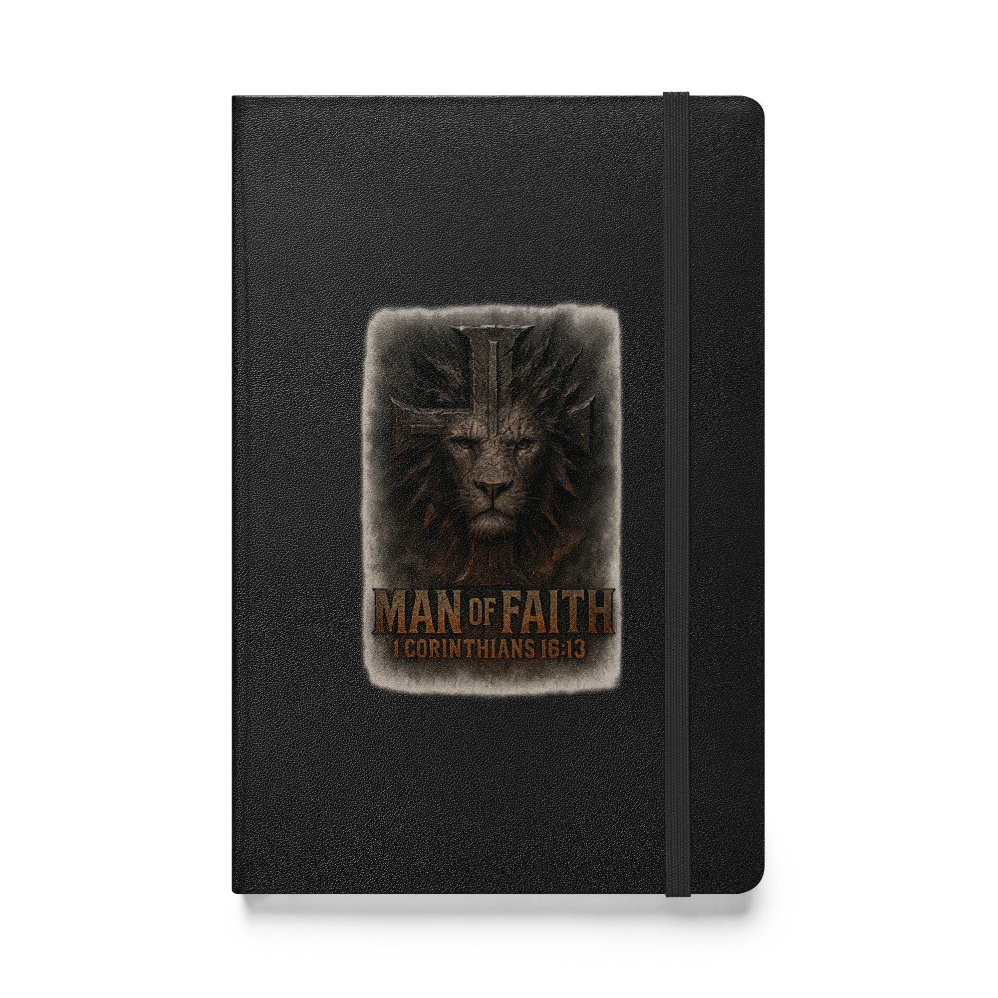 Black hardcover prayer journal with lion and cross design, featuring the words “Man of Faith” and scripture 1 Corinthians 16:13.