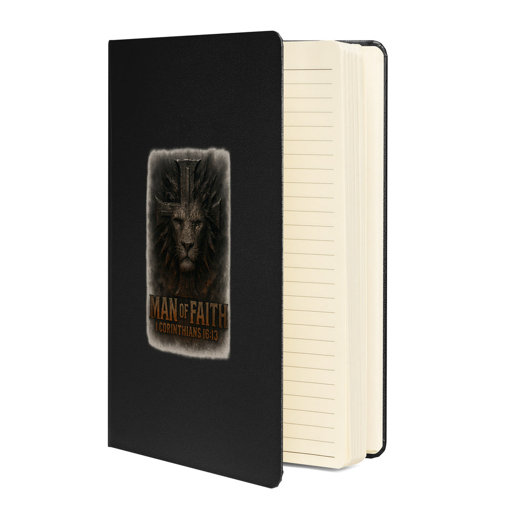 Black hardcover prayer journal with lion and cross design, featuring the words “Man of Faith” and scripture 1 Corinthians 16:13.