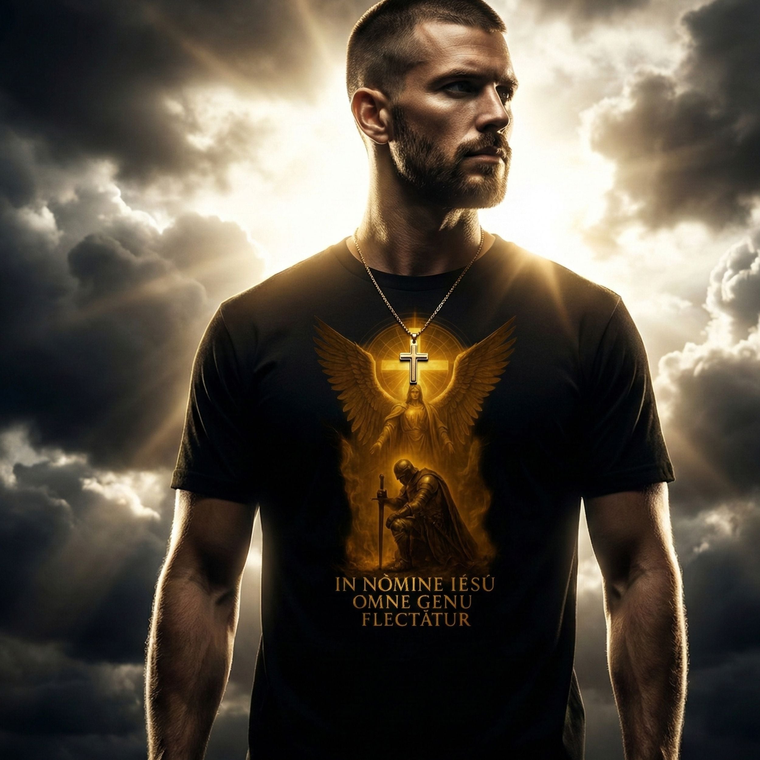 Man wearing a black t-shirt with an angelic design and text against a dramatic sky.