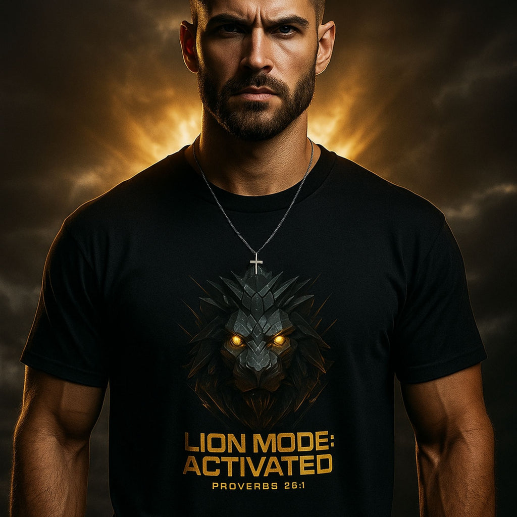 Man wearing a black t-shirt with a lion graphic and text against a dramatic sky background