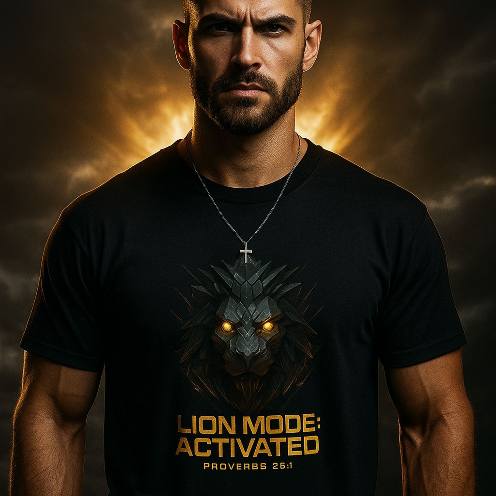 Man wearing a black t-shirt with a lion graphic and text against a dramatic sky background