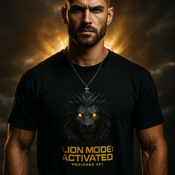 Man wearing a black t-shirt with a lion graphic and text against a dramatic sky background