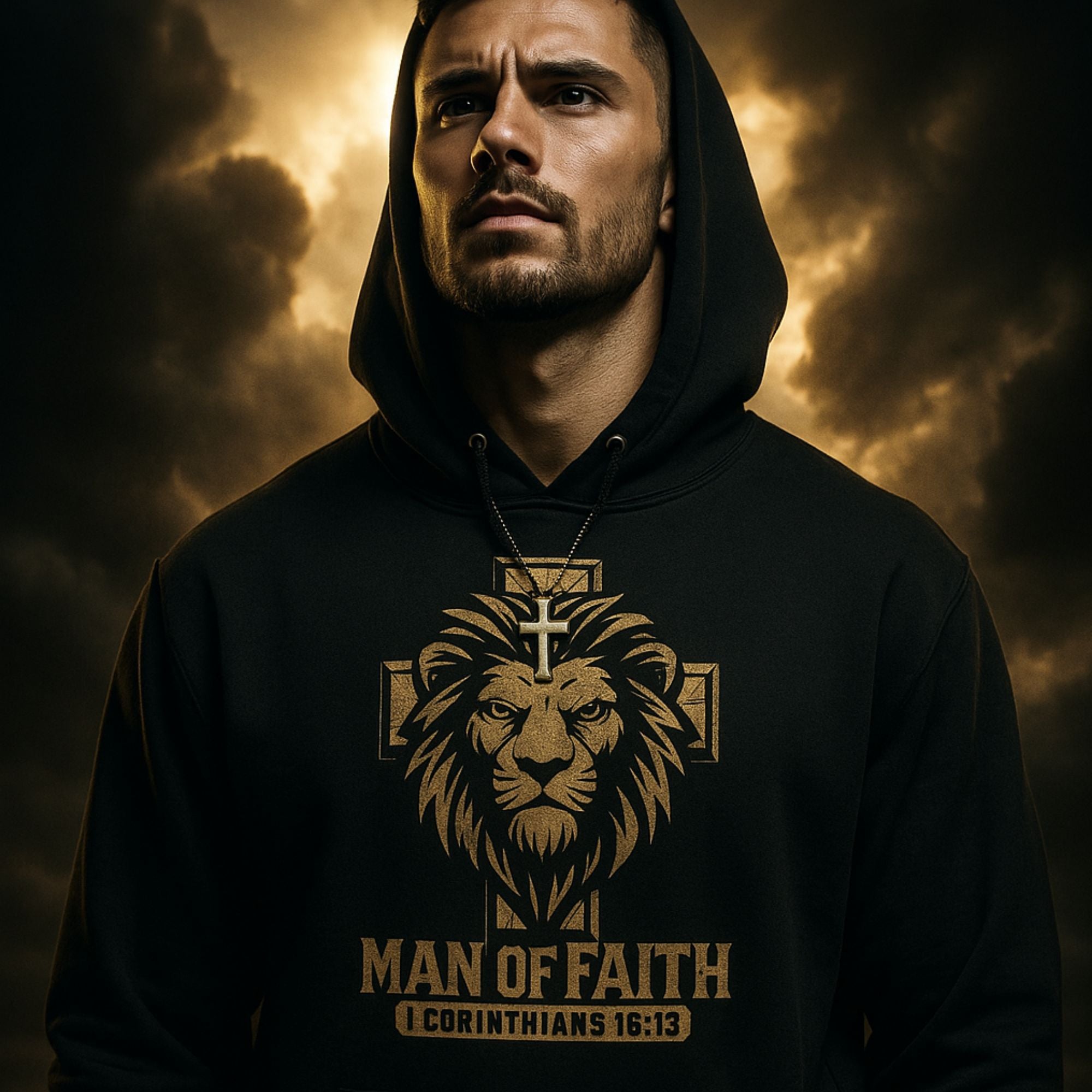 Man wearing a black hoodie with a lion and cross design against a dark, cloudy sky.