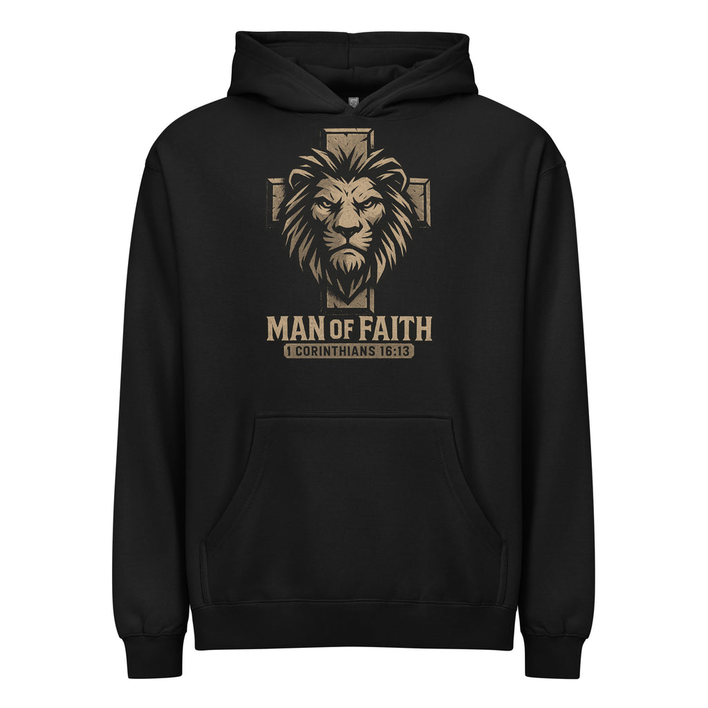 Black men’s box hoodie with lion and cross design, text ‘Man of Faith – 1 Corinthians 16:13’ in bold print