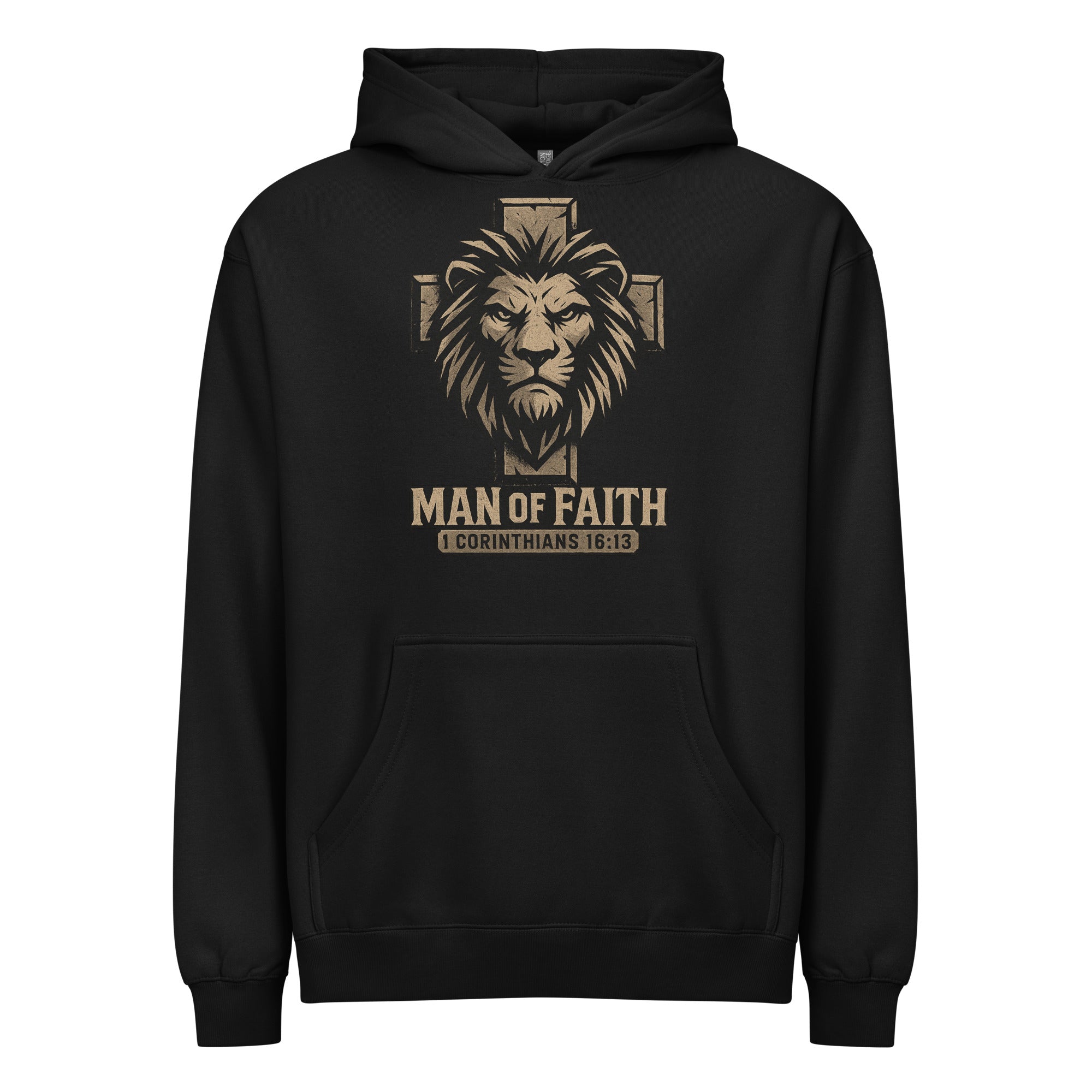 Black men’s box hoodie with lion and cross design, text ‘Man of Faith – 1 Corinthians 16:13’ in bold print