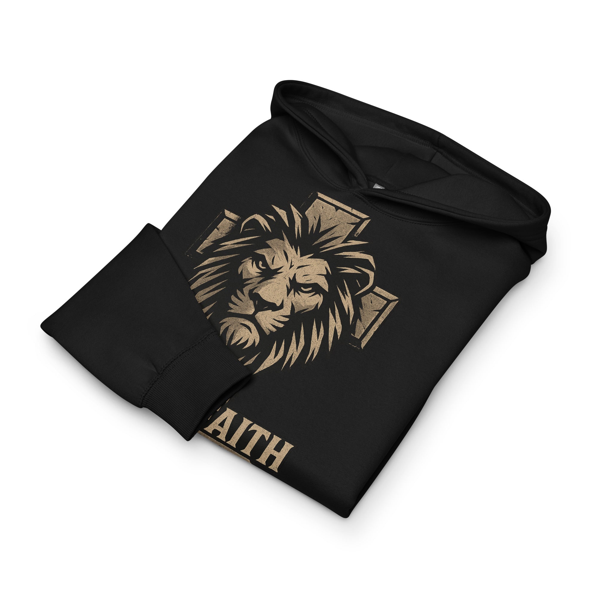 Black men’s box hoodie with lion and cross design, text ‘Man of Faith – 1 Corinthians 16:13’ in bold print