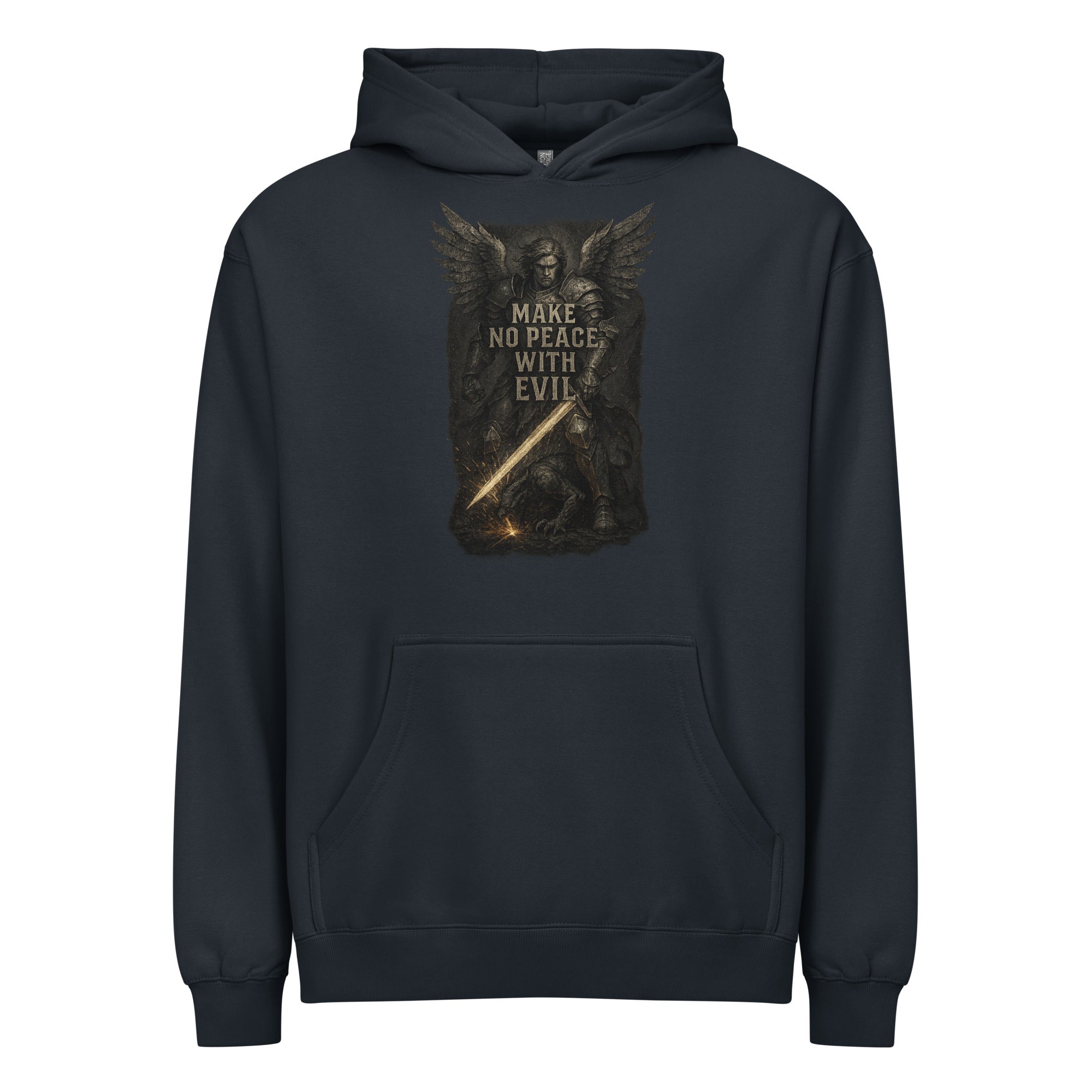 Navy men’s box hoodie with bold “Make No Peace with Evil” design featuring St. Michael the Archangel with a sword.