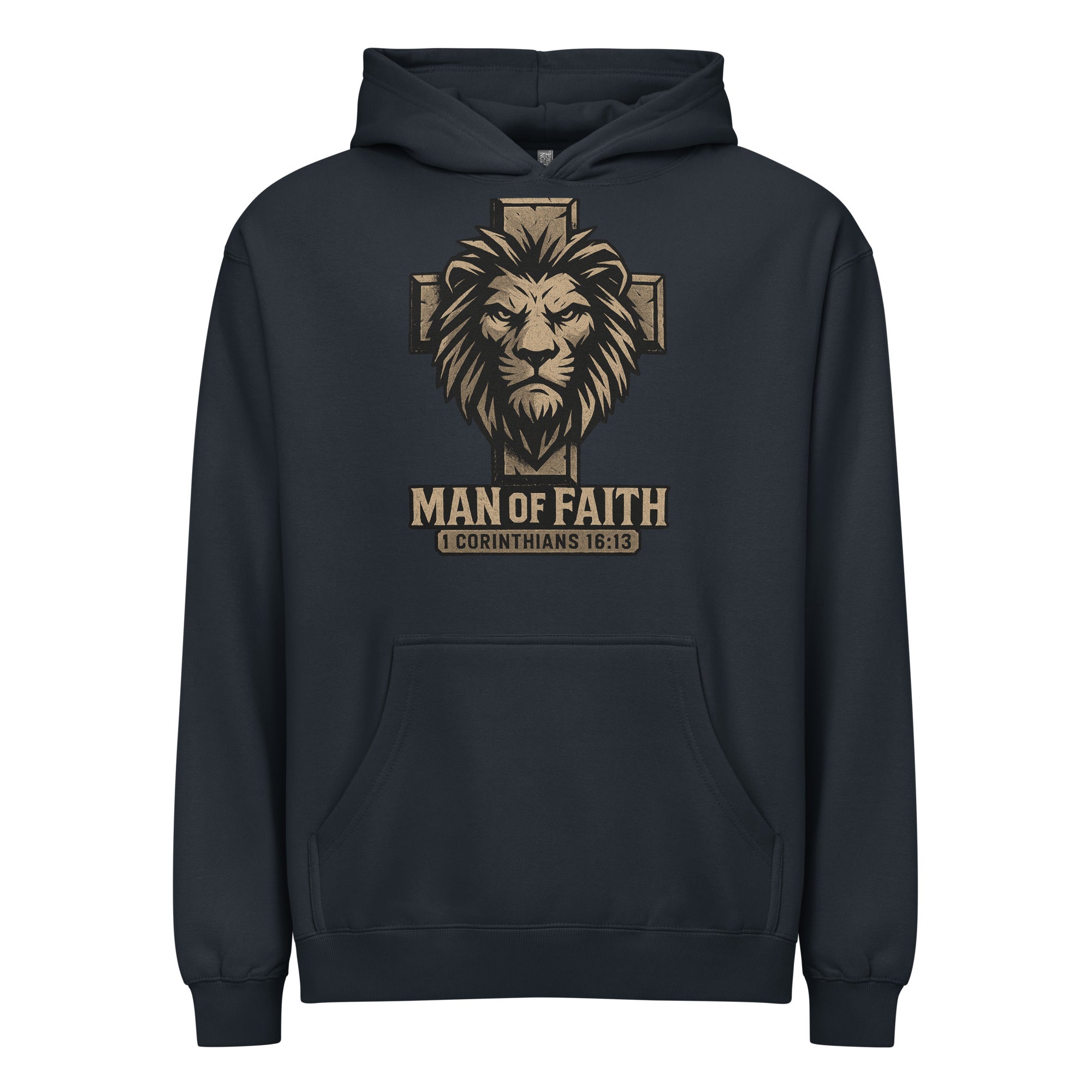 Navy men’s box hoodie with lion and cross design, text ‘Man of Faith – 1 Corinthians 16:13’ in bold print