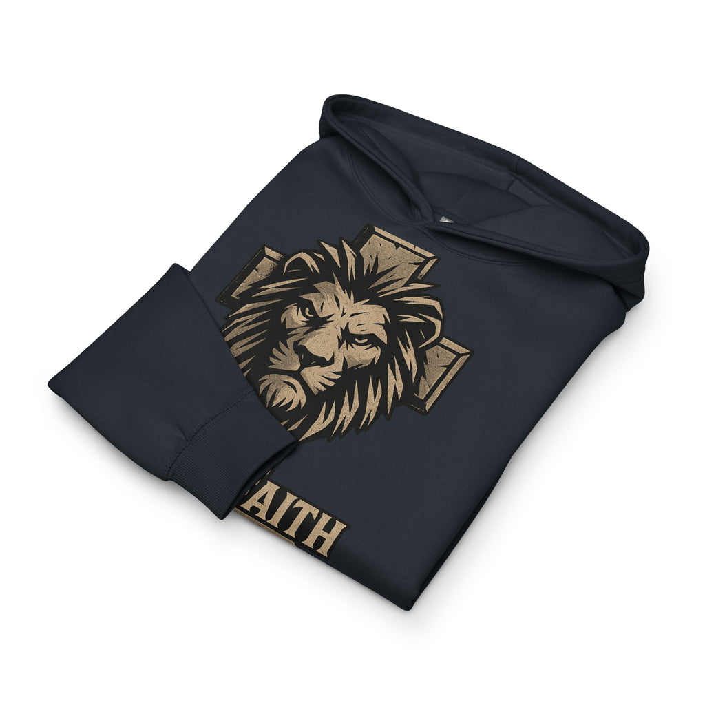Navy men’s box hoodie with lion and cross design, text ‘Man of Faith – 1 Corinthians 16:13’ in bold print