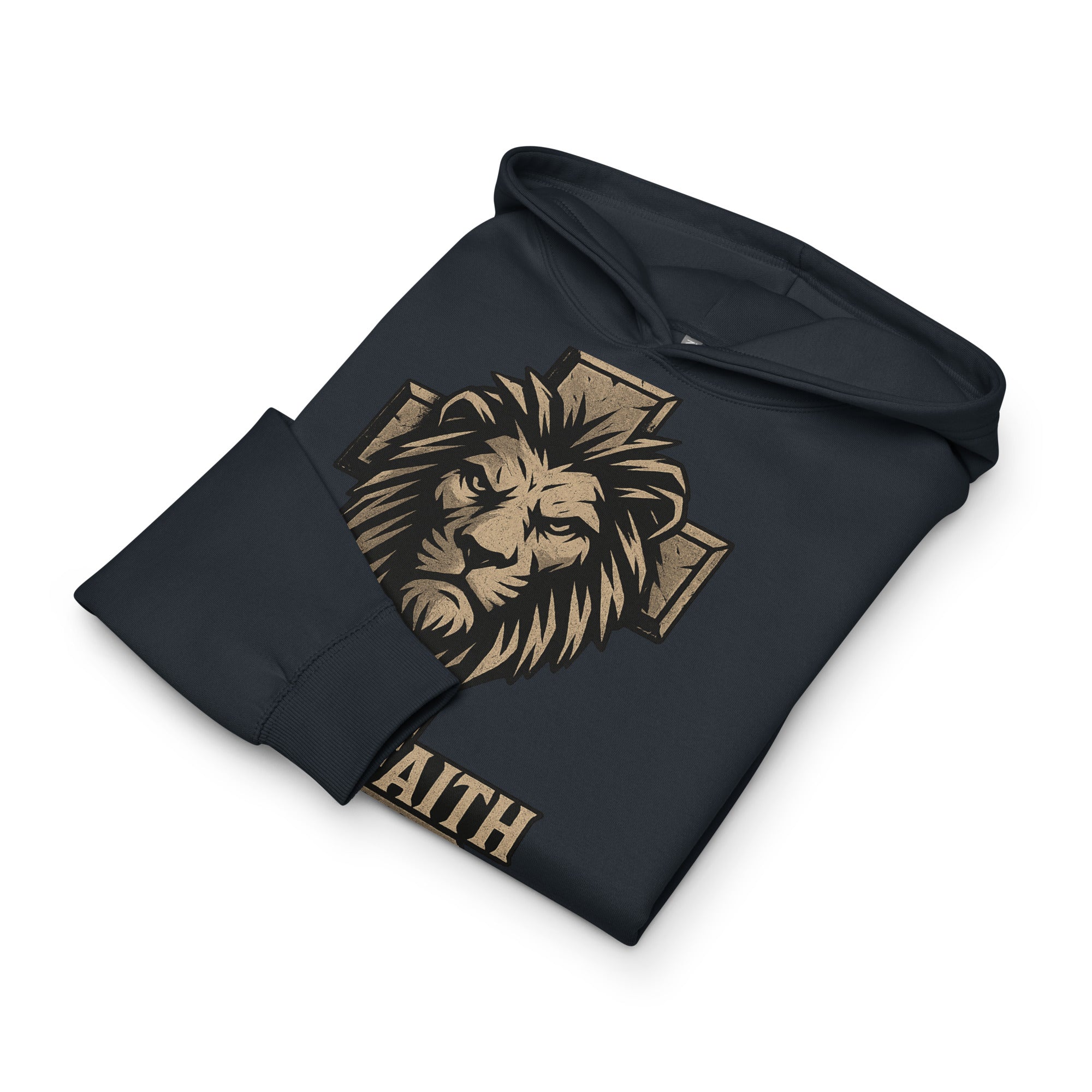 Navy men’s box hoodie with lion and cross design, text ‘Man of Faith – 1 Corinthians 16:13’ in bold print