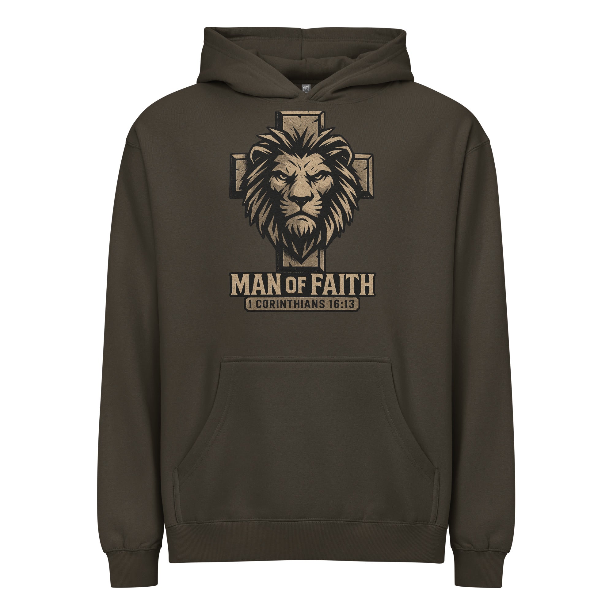 Vintage Black men’s box hoodie with lion and cross design, text ‘Man of Faith – 1 Corinthians 16:13’ in bold print