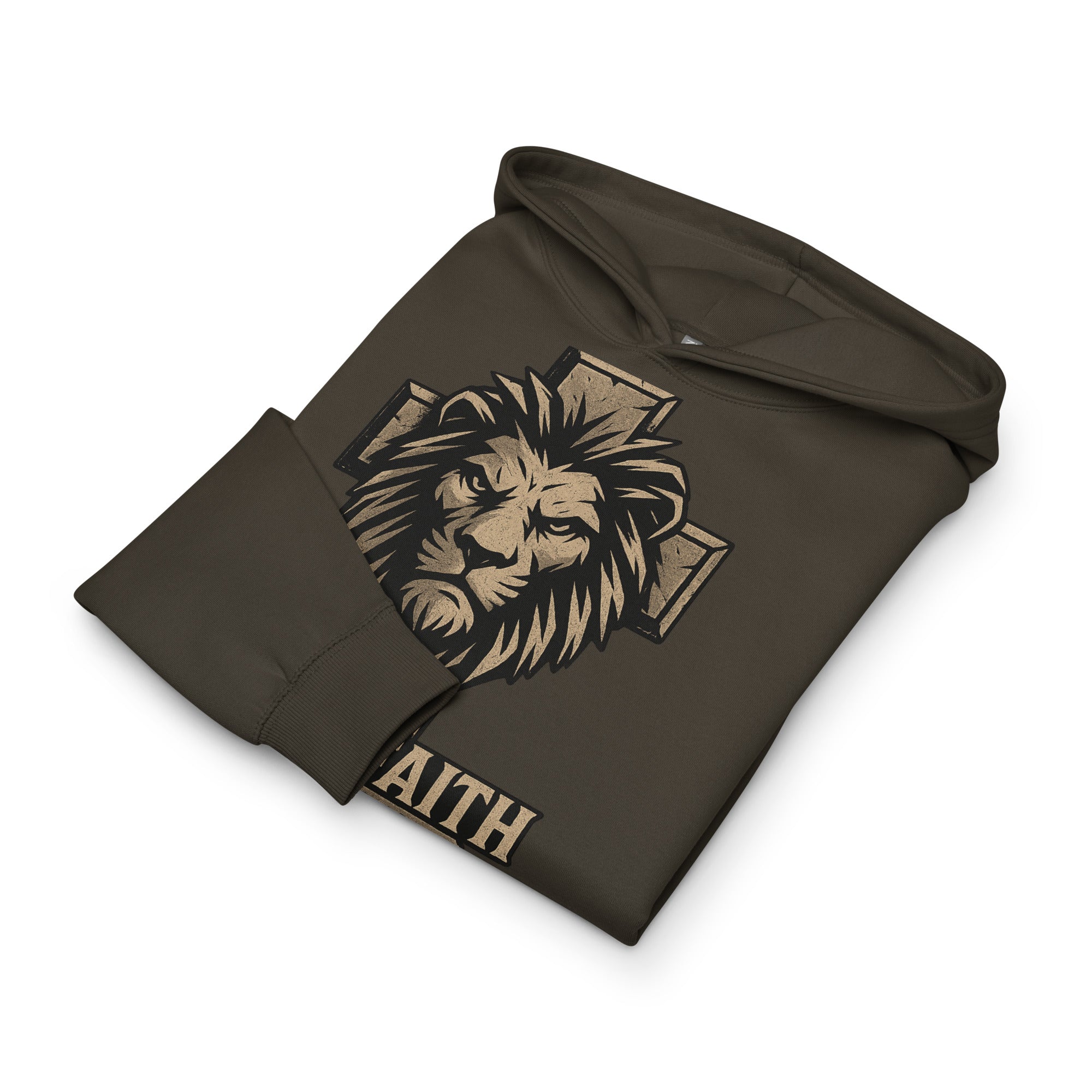 Vintage Black men’s box hoodie with lion and cross design, text ‘Man of Faith – 1 Corinthians 16:13’ in bold print