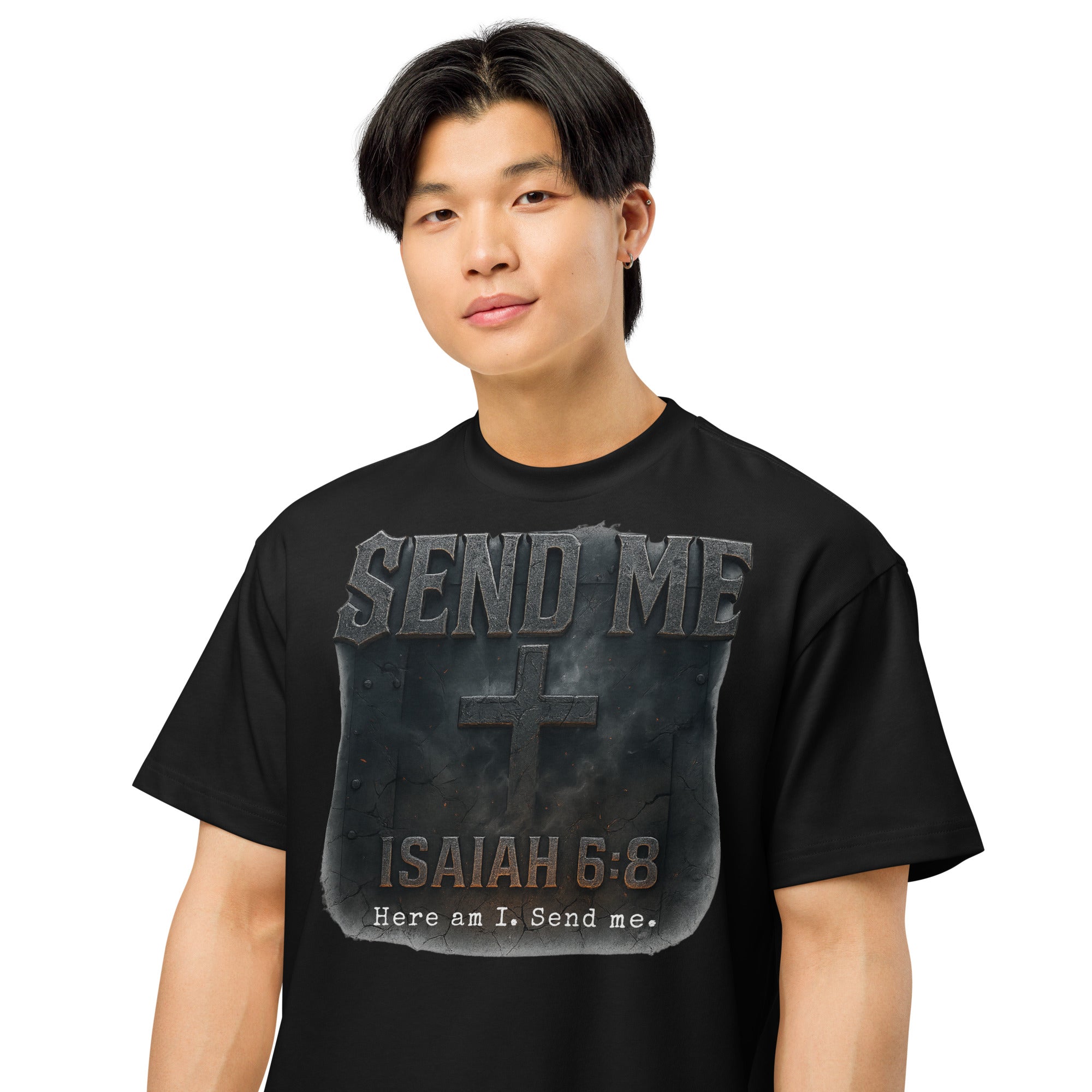 Black men’s box tee with rugged cross design and bold text “Send Me – Isaiah 6:8 – Here am I. Send me.” Christian faith graphic shirt from Cotton Heritage.