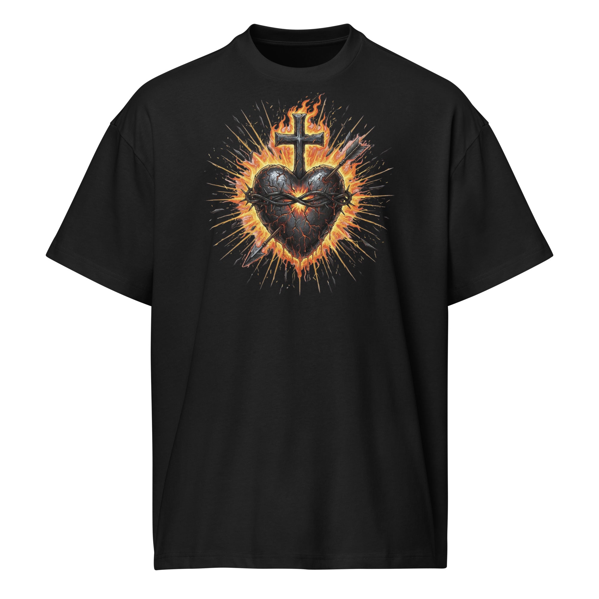 Black men’s box tee with a fiery Sacred Heart of Jesus graphic and cross, designed on Cotton Heritage MC1087.