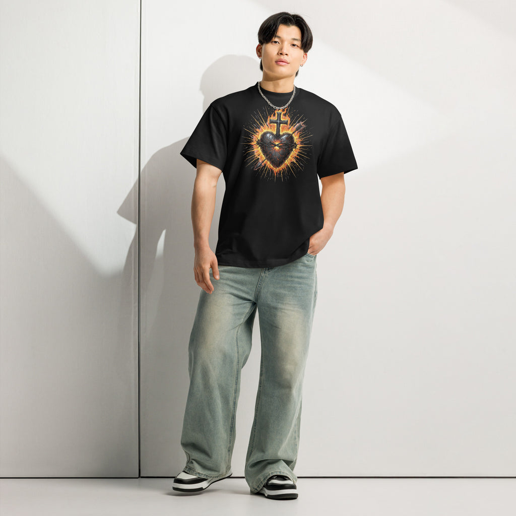 Black men’s box tee with a fiery Sacred Heart of Jesus graphic and cross, designed on Cotton Heritage MC1087.