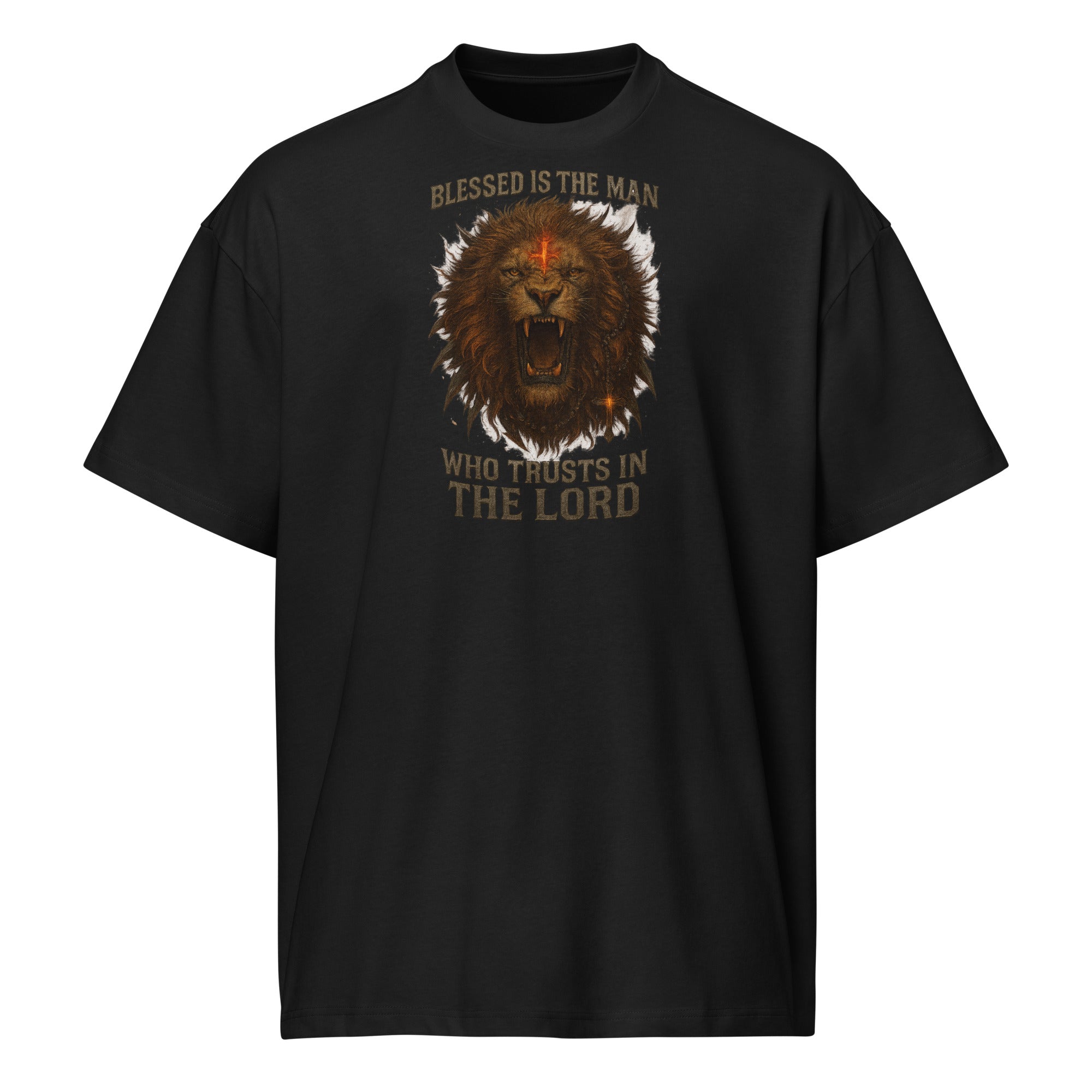 Men’s black Christian box tee with roaring Lion of Judah and scripture “Blessed is the man who trusts in the Lord” — Cotton Heritage MC1087.