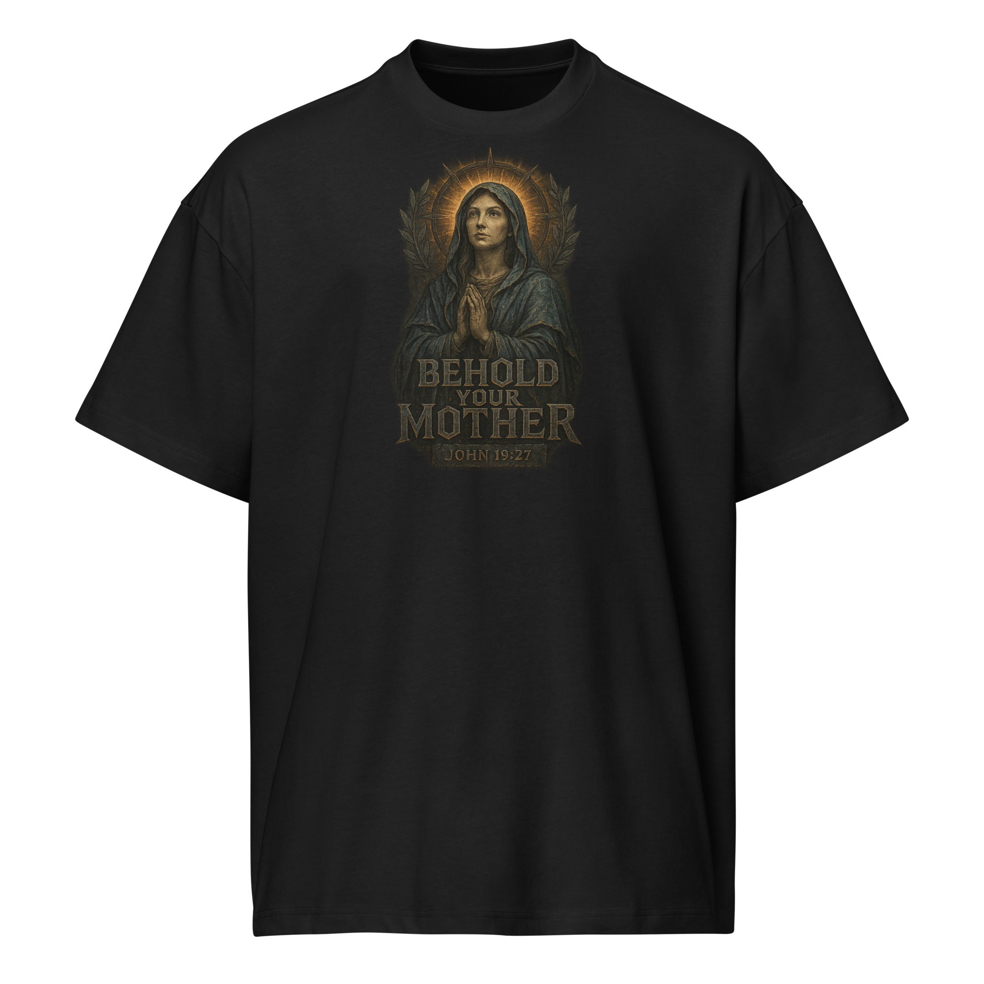 Men’s black Catholic box tee with “Behold Your Mother” design featuring the Blessed Virgin Mary and John 19:27 scripture