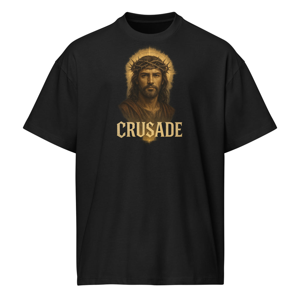 Crusade Men’s Box Tee – Jesus with crown of thorns graphic on black oversized cotton shirt