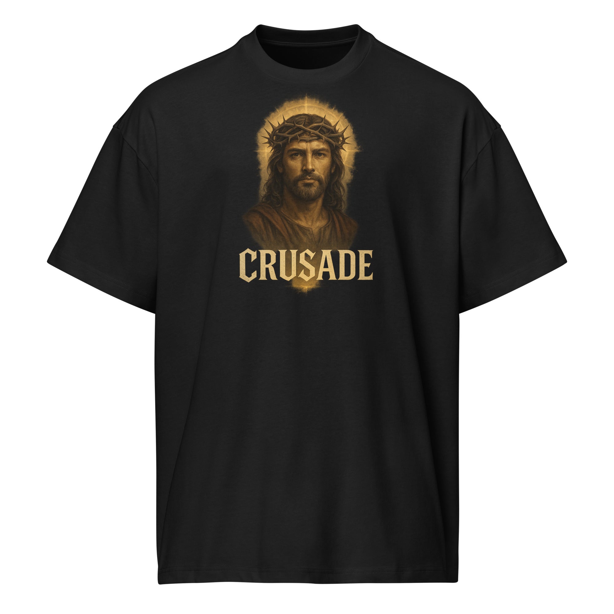 Crusade Men’s Box Tee – Jesus with crown of thorns graphic on black oversized cotton shirt