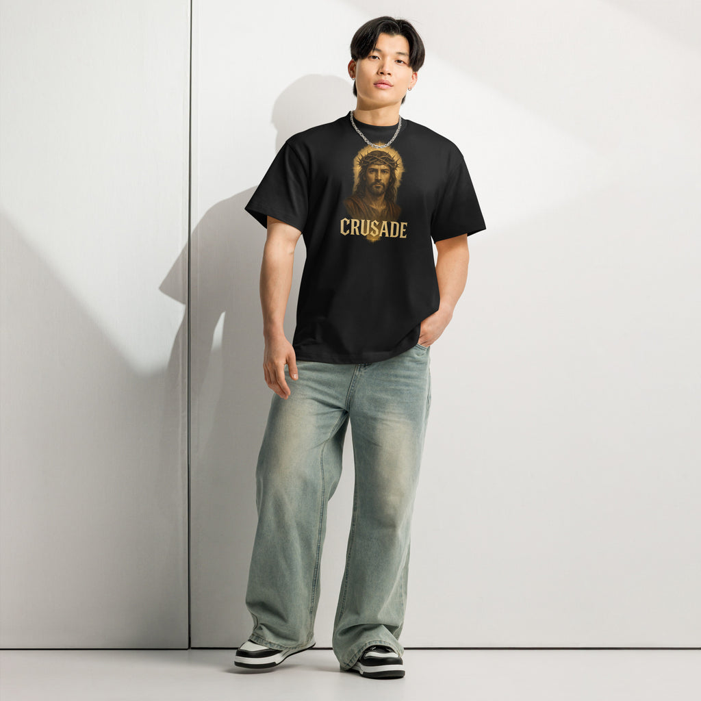 Crusade Men’s Box Tee – Jesus with crown of thorns graphic on black oversized cotton shirt