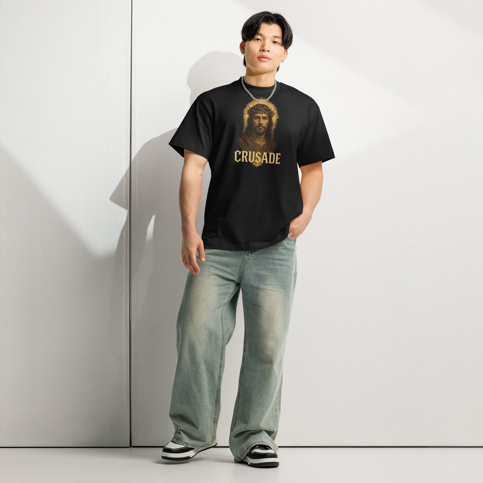 Crusade Men’s Box Tee – Jesus with crown of thorns graphic on black oversized cotton shirt