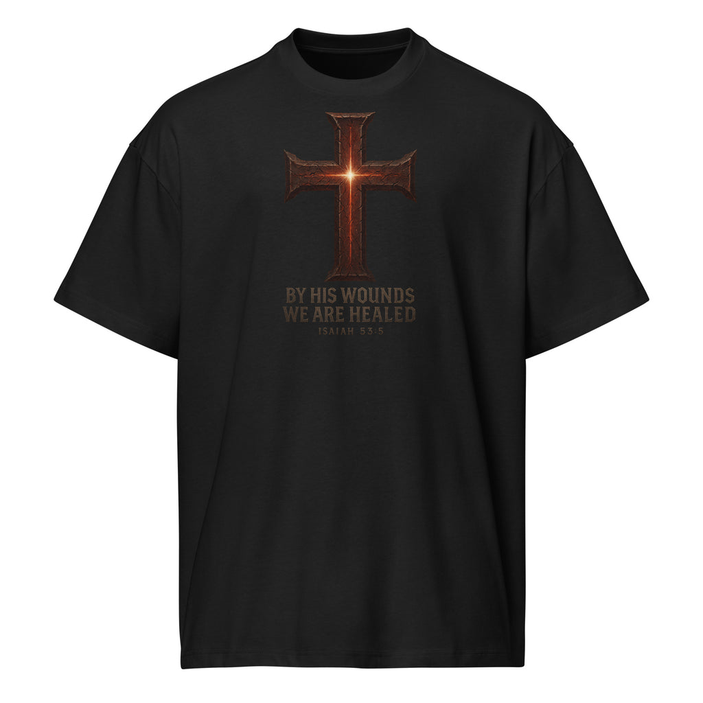 Black Men’s Box Tee with cross design and Isaiah 53:5 Bible verse, ‘By His Wounds We Are Healed.’ Premium Cotton Heritage Christian shirt.