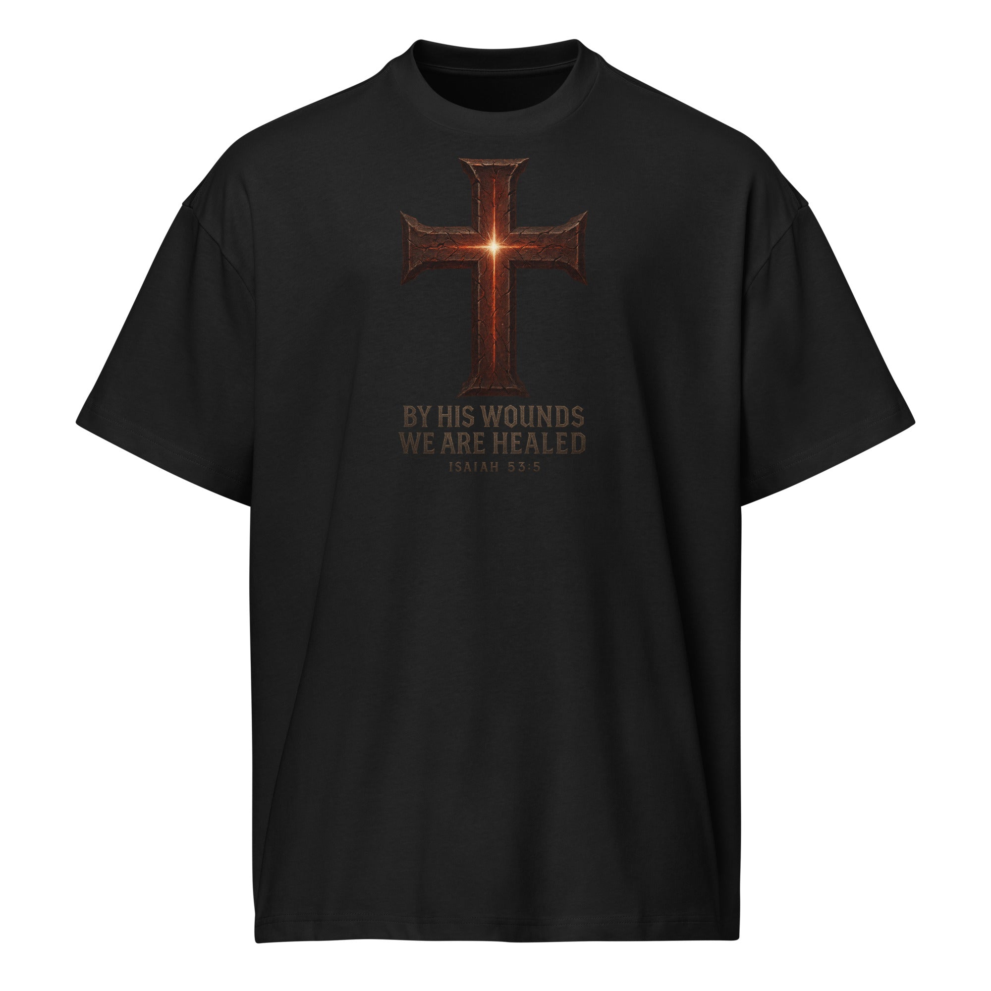 Black Men’s Box Tee with cross design and Isaiah 53:5 Bible verse, ‘By His Wounds We Are Healed.’ Premium Cotton Heritage Christian shirt.