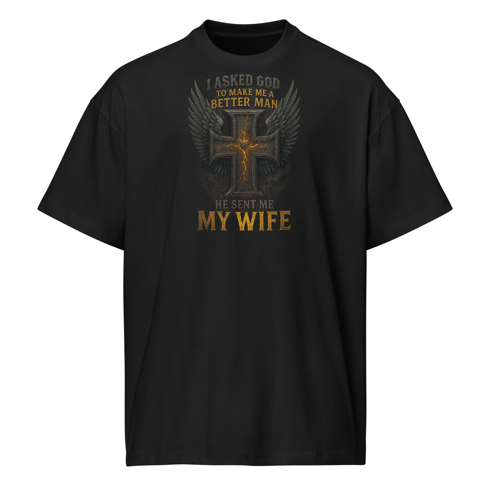 Black men’s box tee with Christian graphic design of cross with wings and text ‘I asked God to make me a better man, He sent me my wife’ – faith-based marriage shirt.