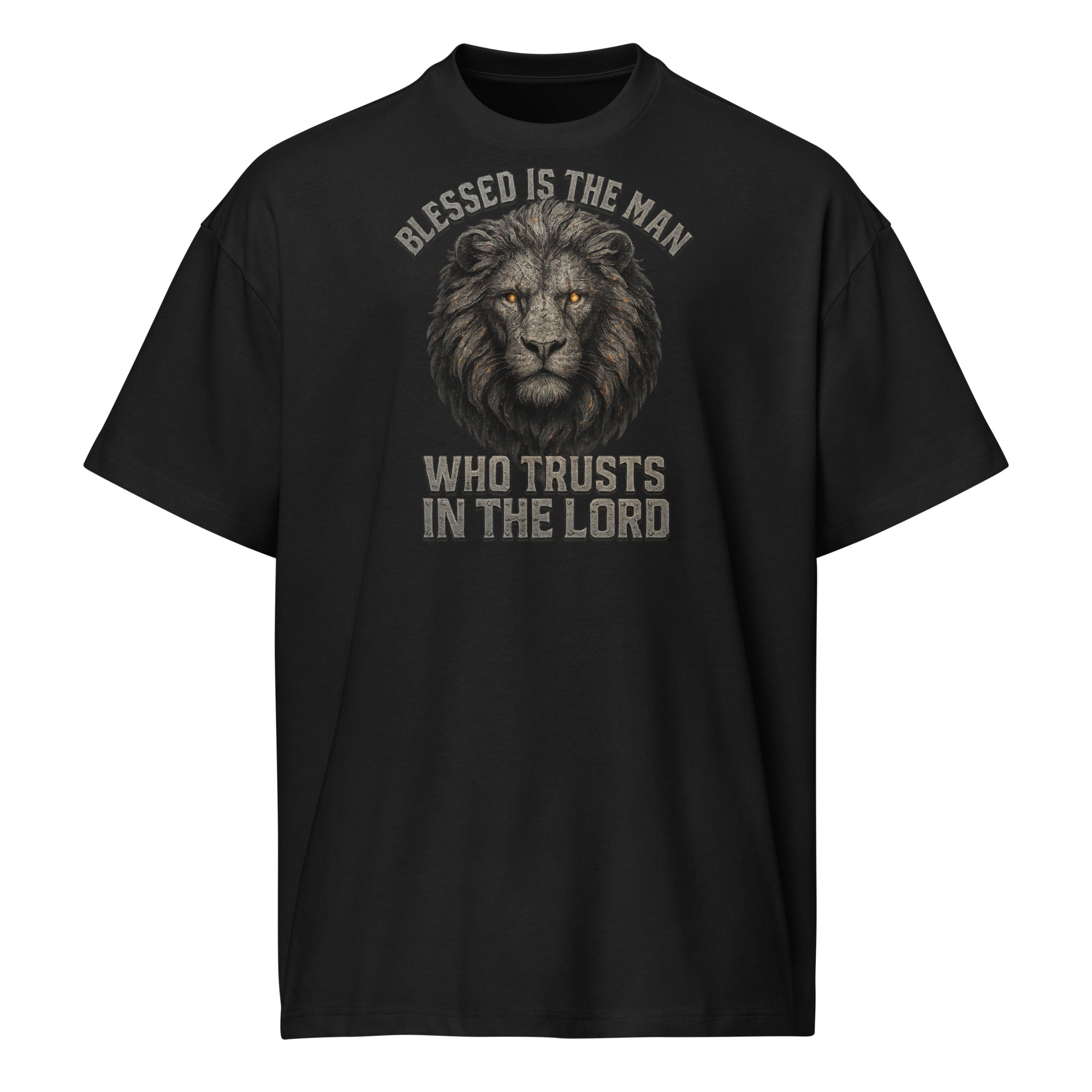 Black men’s box tee with Lion of Judah graphic and text “Blessed Is the Man Who Trusts in the Lord” from Jeremiah 17:7.