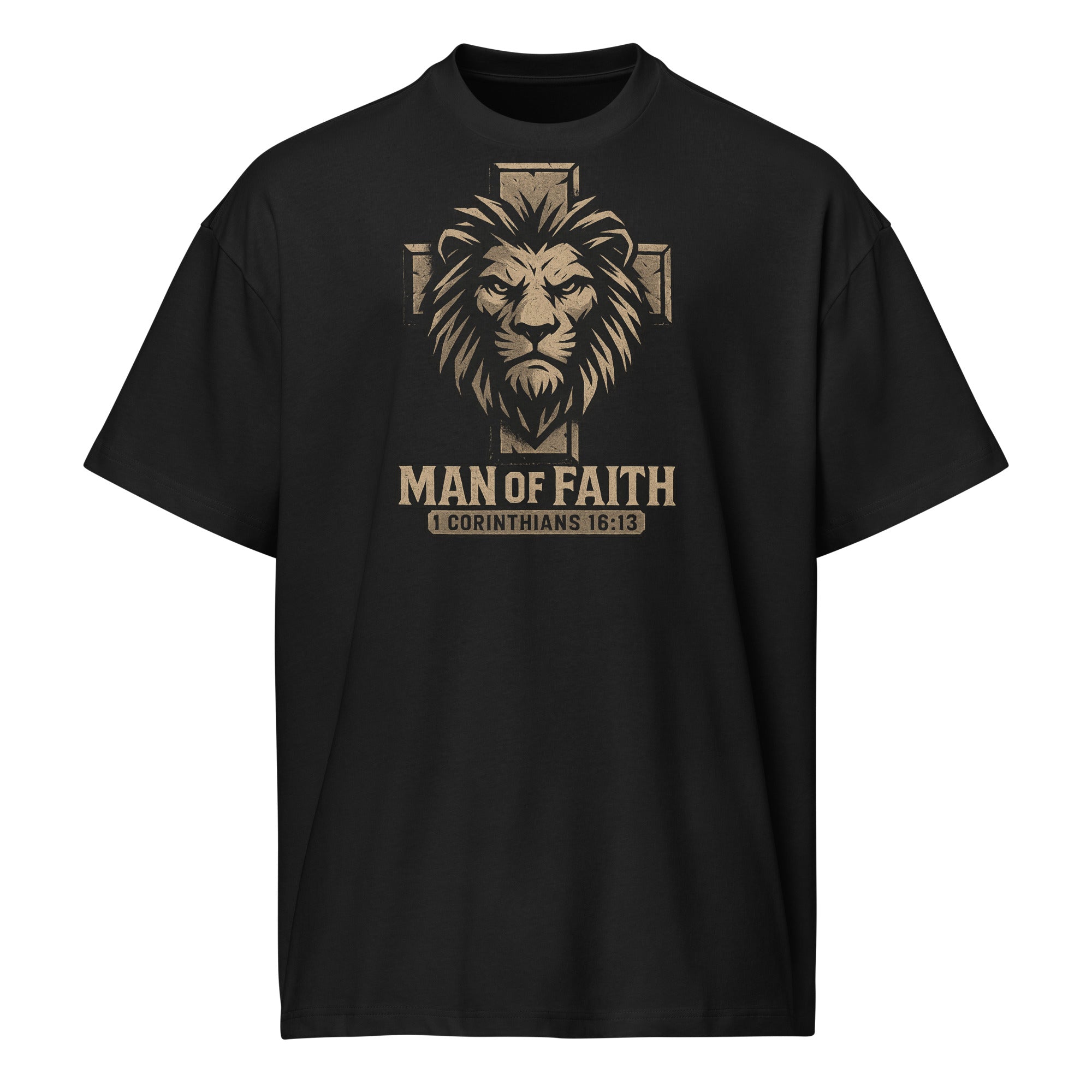 Black Cotton Heritage Men’s Box Tee with lion and cross graphic and text ‘Man of Faith – 1 Corinthians 16:13’ in bold Christian design.