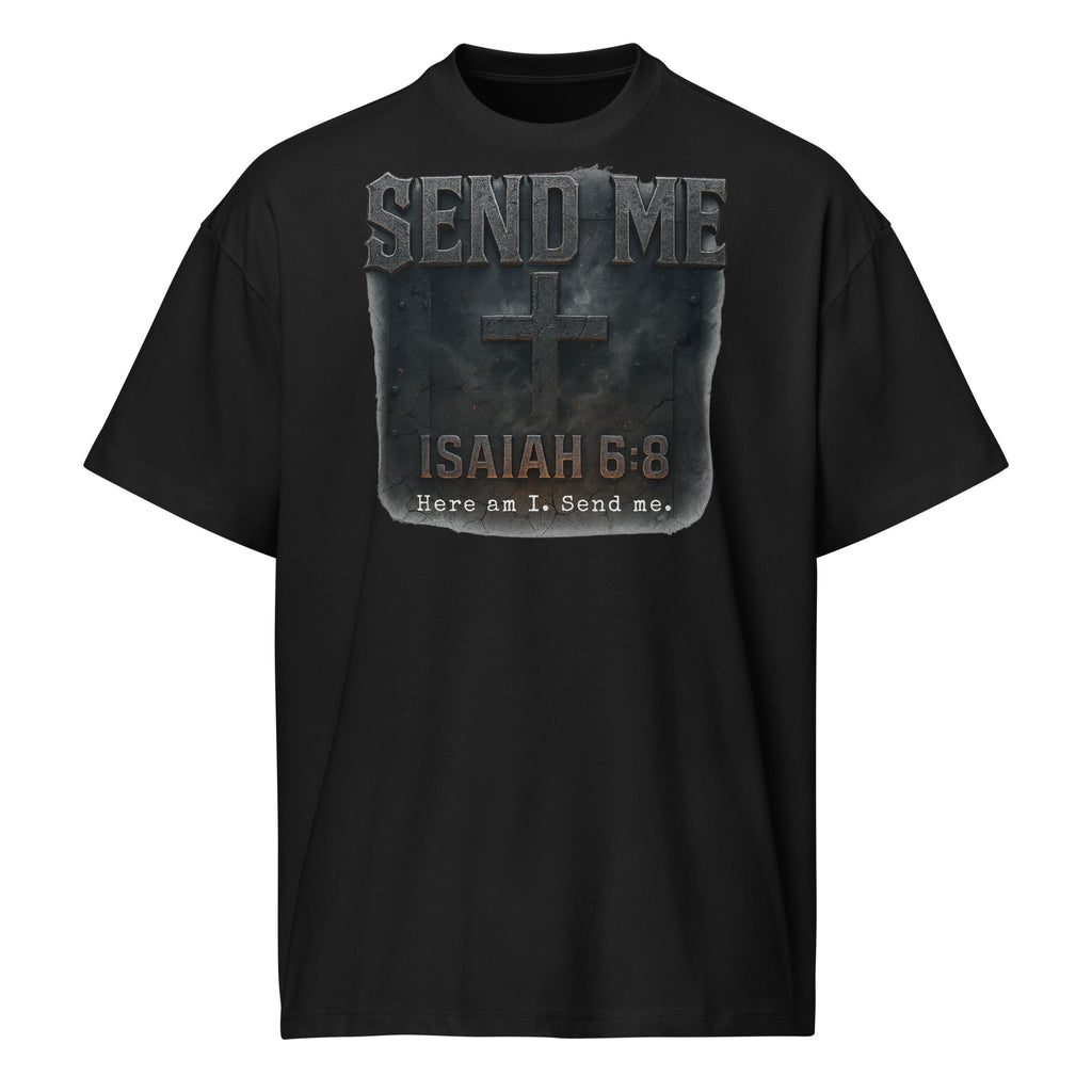 Black men’s box tee with rugged cross design and bold text “Send Me – Isaiah 6:8 – Here am I. Send me.” Christian faith graphic shirt from Cotton Heritage.