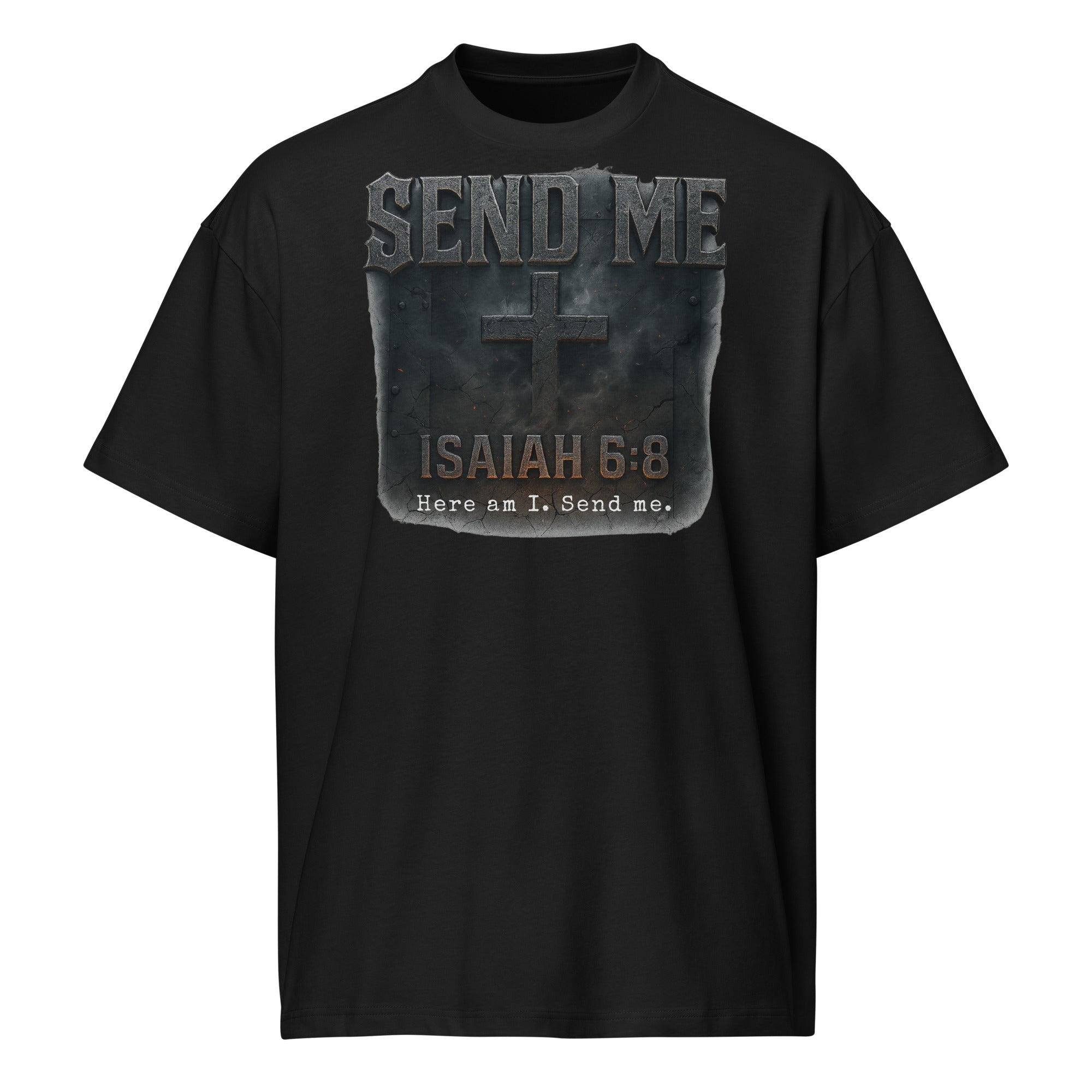 Black men’s box tee with rugged cross design and bold text “Send Me – Isaiah 6:8 – Here am I. Send me.” Christian faith graphic shirt from Cotton Heritage.