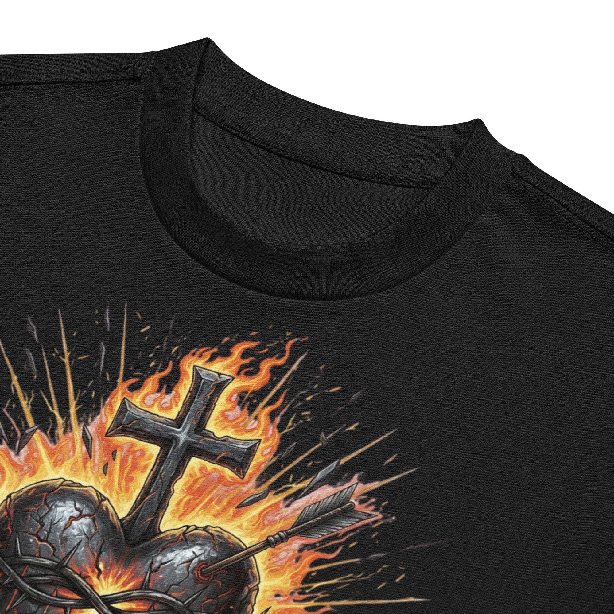 Black men’s box tee with a fiery Sacred Heart of Jesus graphic and cross, designed on Cotton Heritage MC1087.