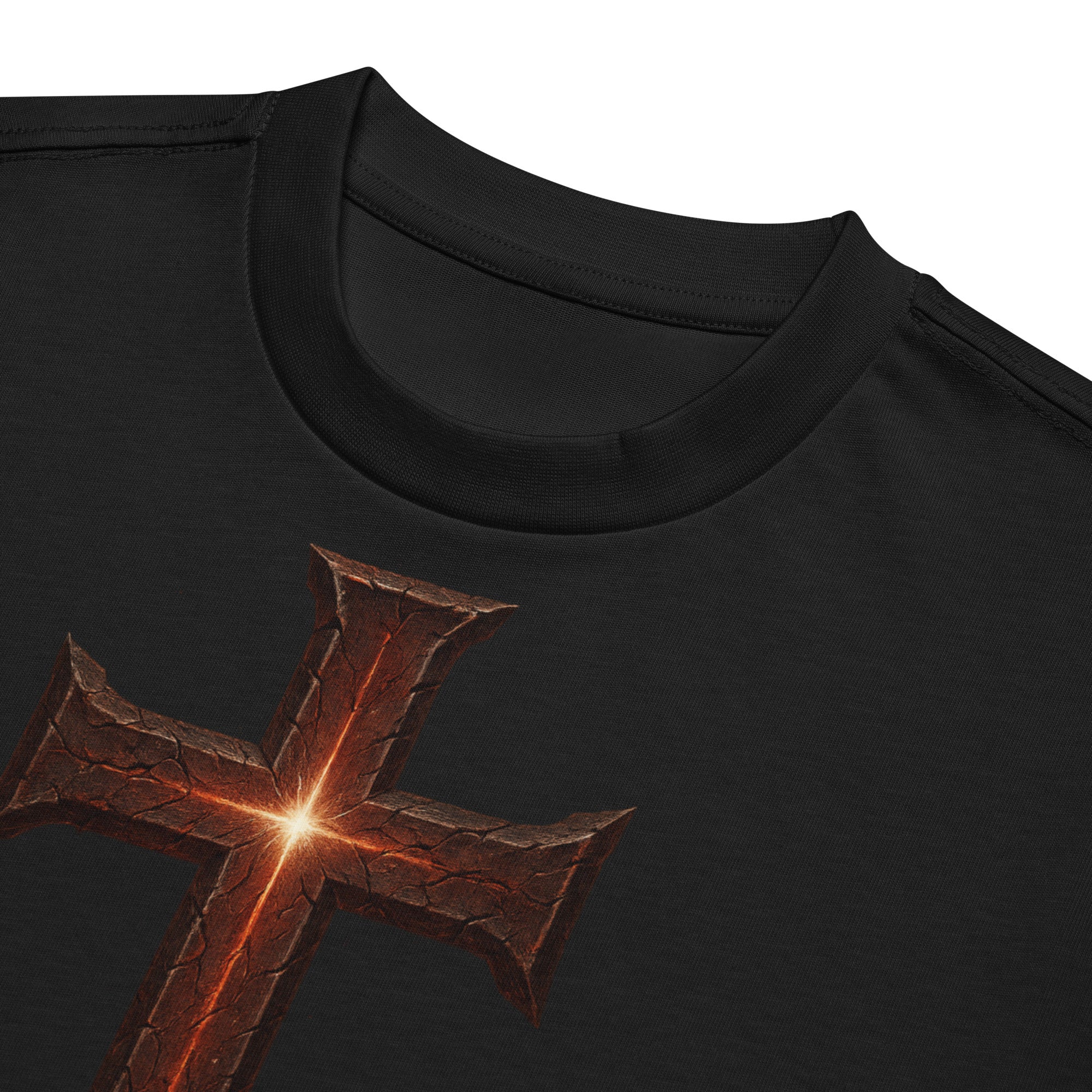 Black Men’s Box Tee with cross design and Isaiah 53:5 Bible verse, ‘By His Wounds We Are Healed.’ Premium Cotton Heritage Christian shirt.