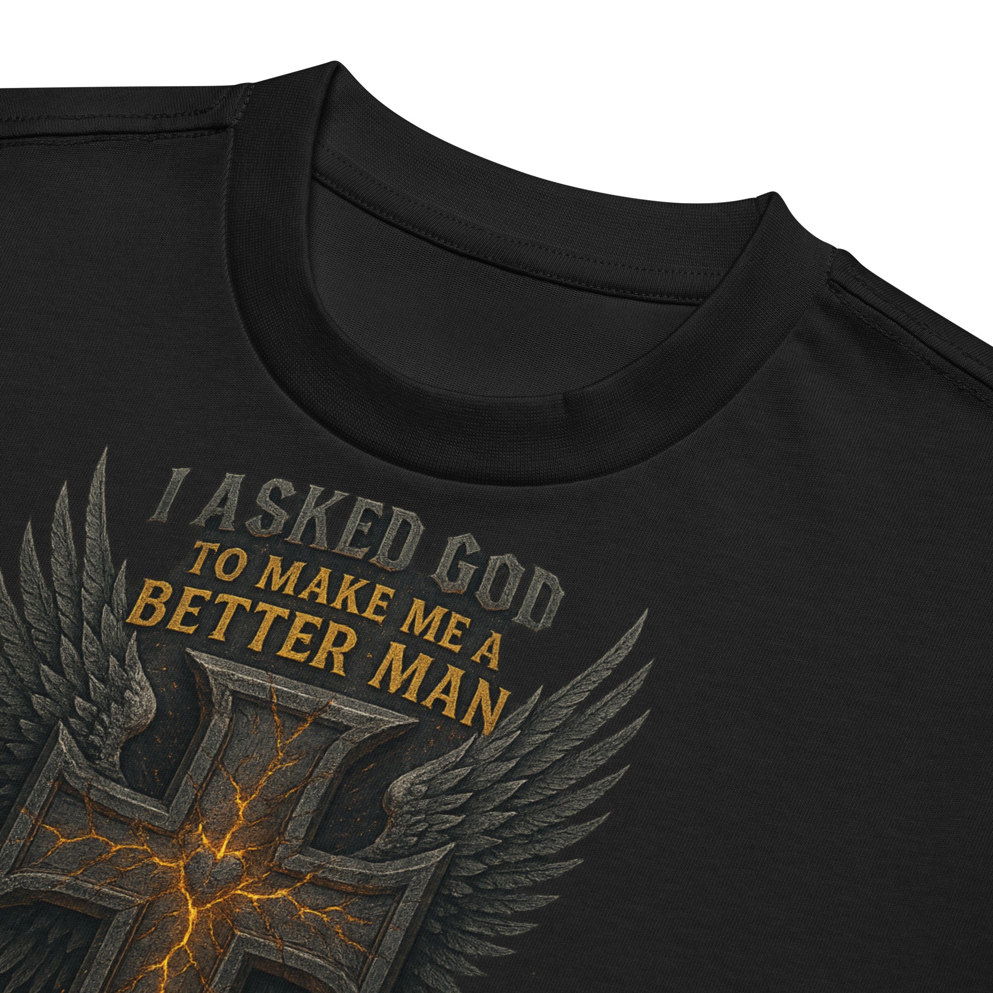 Black men’s box tee with Christian graphic design of cross with wings and text ‘I asked God to make me a better man, He sent me my wife’ – faith-based marriage shirt.
