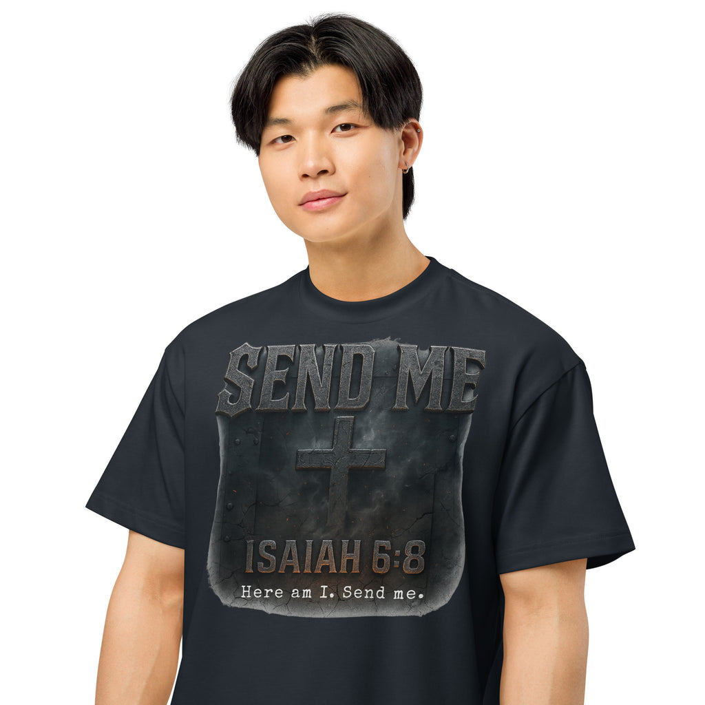 navy men’s box tee with rugged cross design and bold text “Send Me – Isaiah 6:8 – Here am I. Send me.” Christian faith graphic shirt from Cotton Heritage.