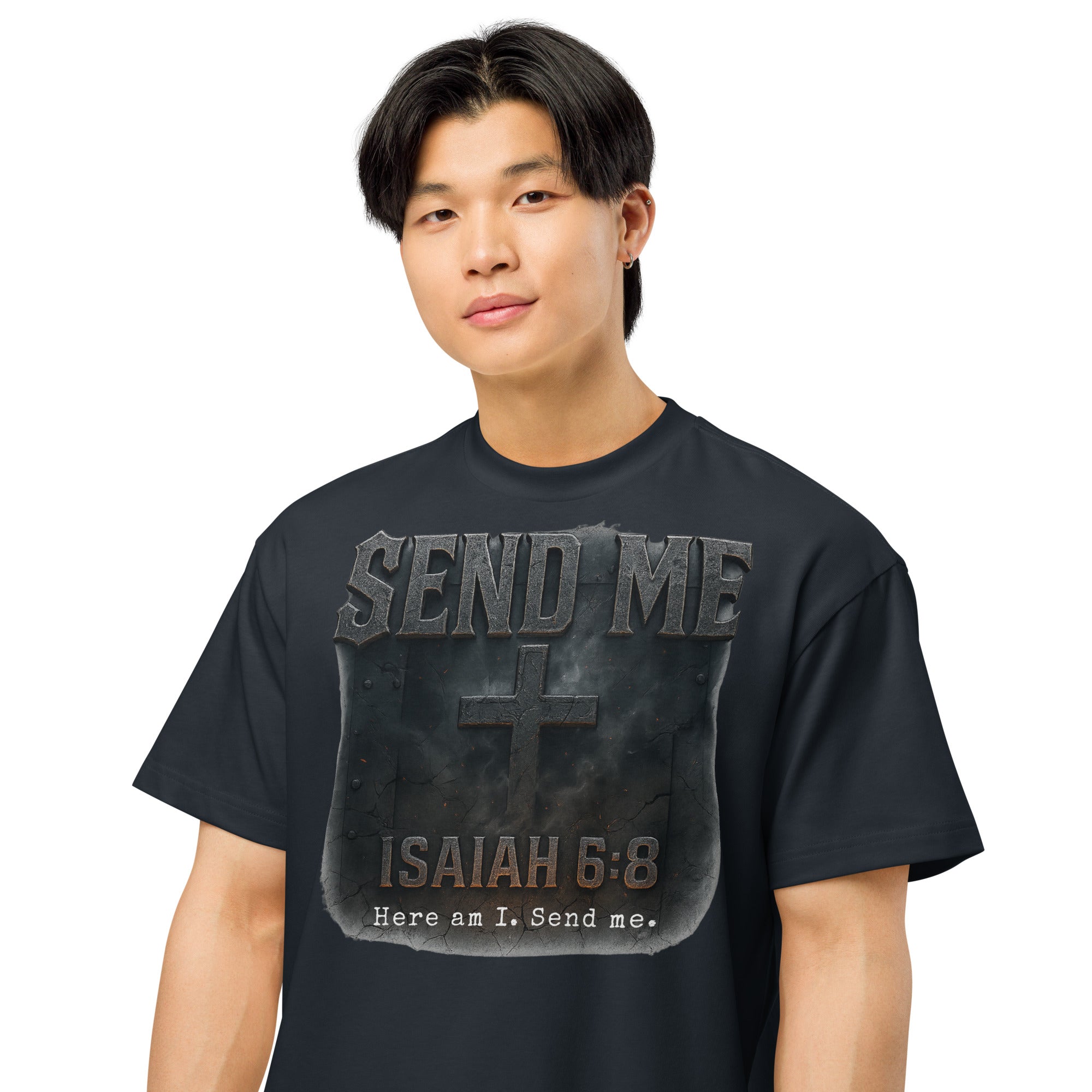 navy men’s box tee with rugged cross design and bold text “Send Me – Isaiah 6:8 – Here am I. Send me.” Christian faith graphic shirt from Cotton Heritage.