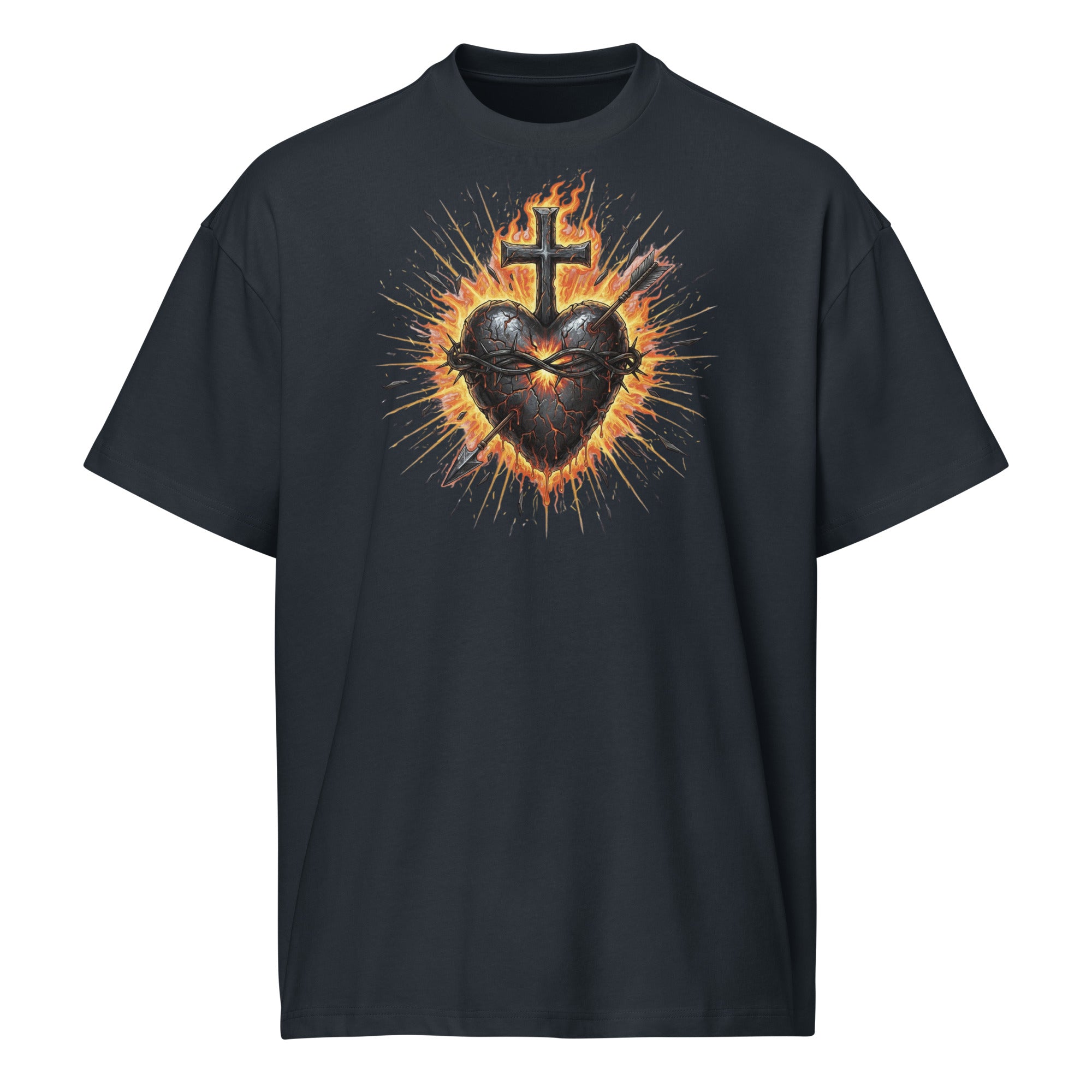 Black men’s box tee with a fiery Sacred Heart of Jesus graphic and cross, designed on Cotton Heritage MC1087.
