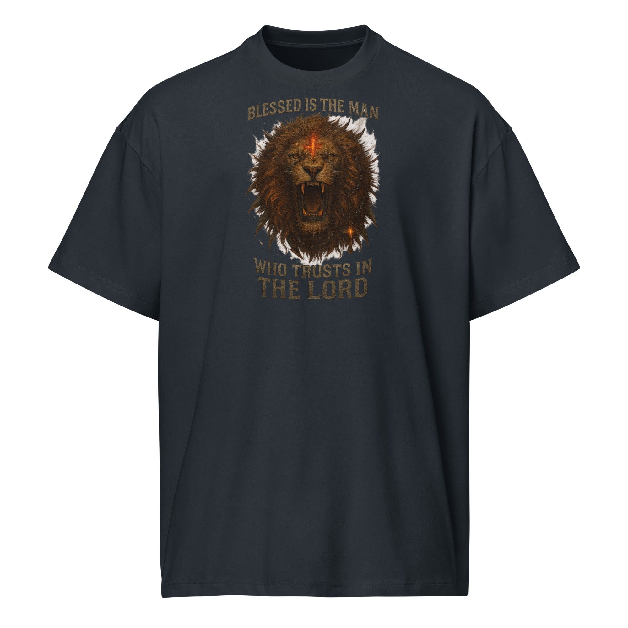 Men’s navy Christian box tee with roaring Lion of Judah and scripture “Blessed is the man who trusts in the Lord” — Cotton Heritage MC1087.