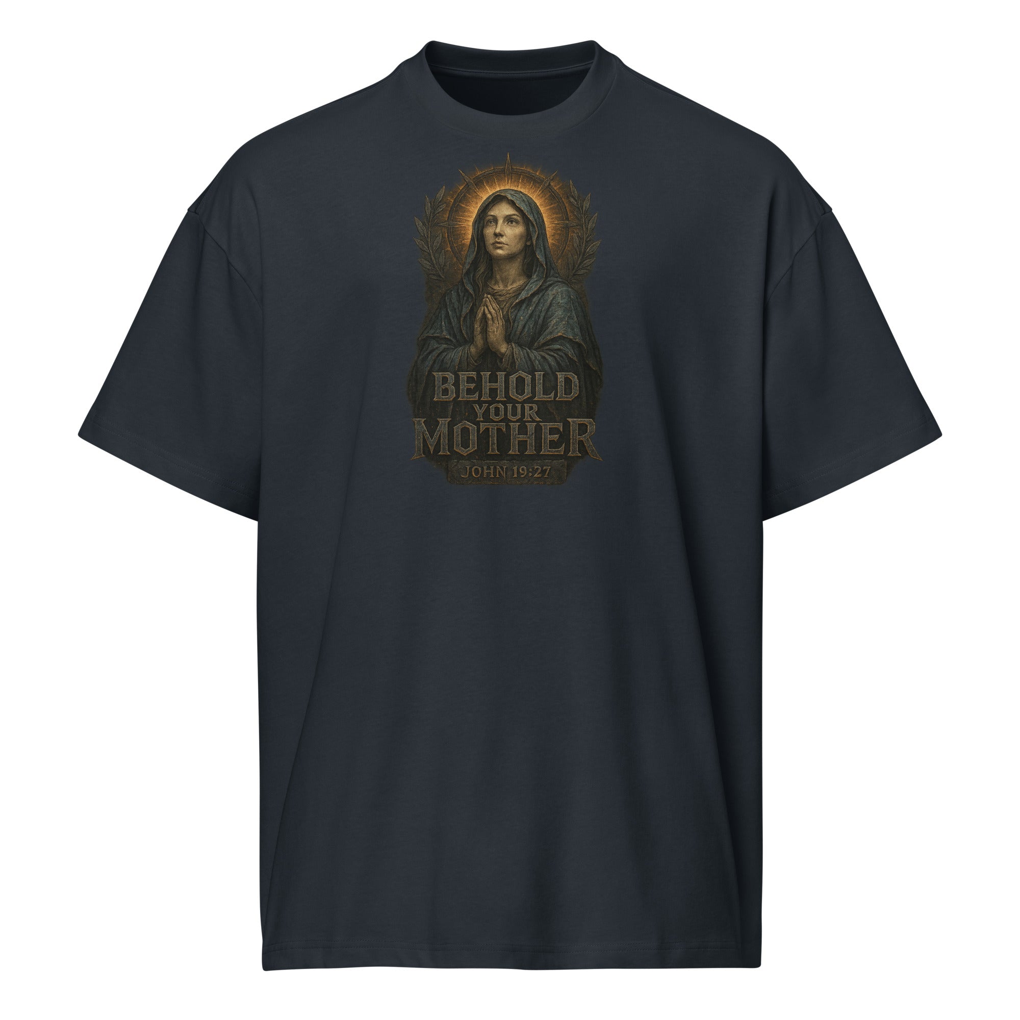 Men’s navy Catholic box tee with “Behold Your Mother” design featuring the Blessed Virgin Mary and John 19:27 scripture