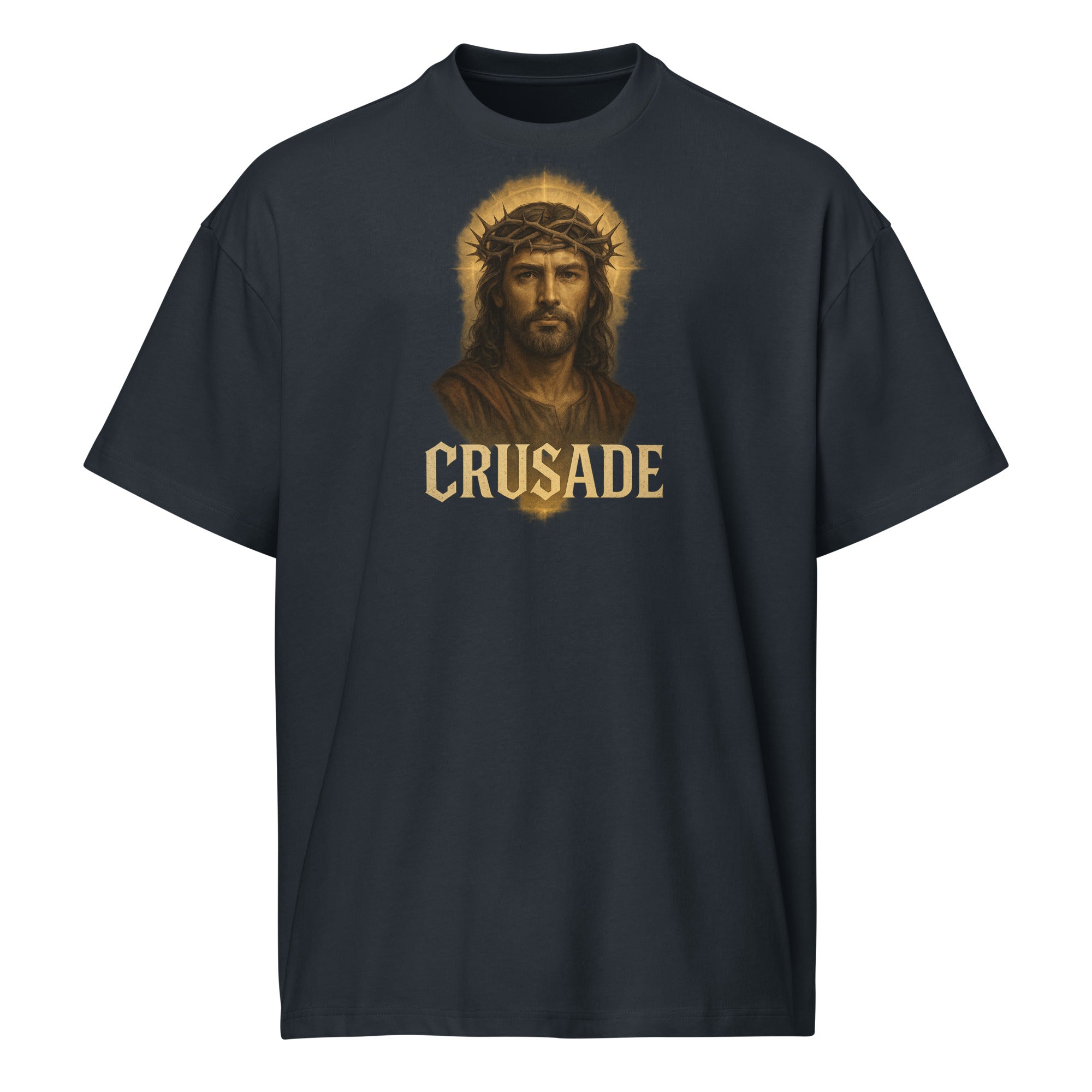 Crusade Men’s Box Tee – Jesus with crown of thorns graphic on navy oversized cotton shirt