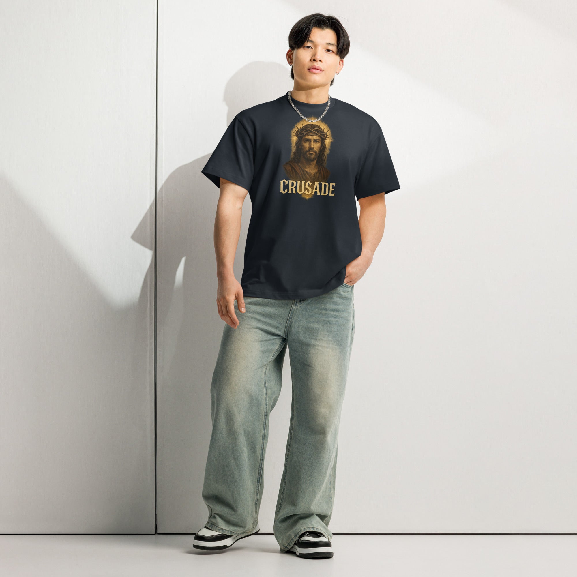 Crusade Men’s Box Tee – Jesus with crown of thorns graphic on navy oversized cotton shirt